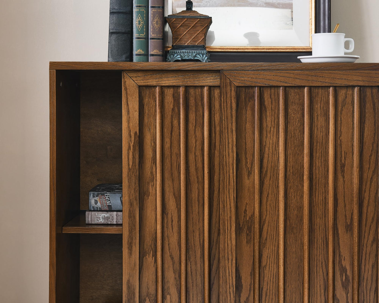 LKTART Mid Century Modern Sideboard Buffet Cabinet, Narrow Walnut Sideboard,Wood Storage Cabinet Credenza with 2 Doors for Living Room, Kitchen, Entryway, Hallway(9.25" D*39" L)