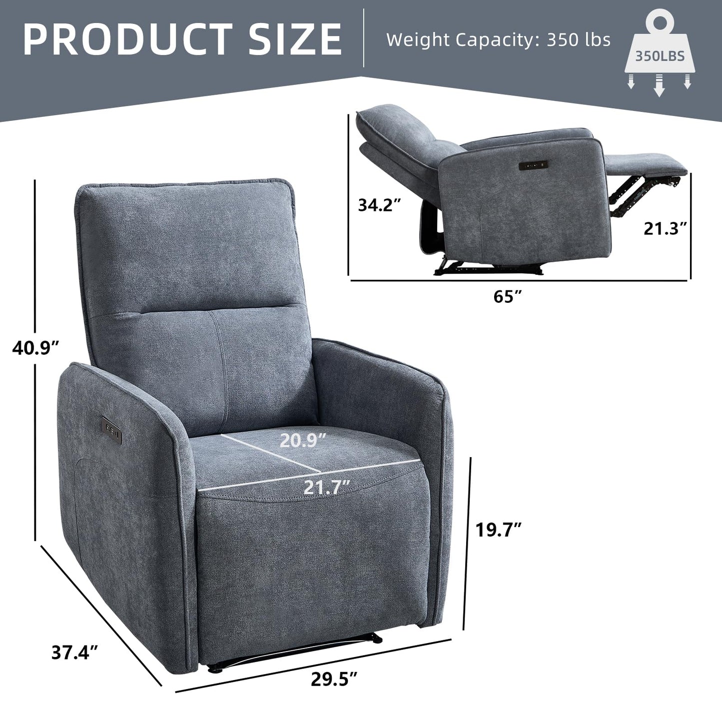 IOMOR Power Recliner Chair for Adults, Electric Recliner with USB Tape-C Ports, Zero Wall Single Reclining for Small Space, Living Room (1, Grey)