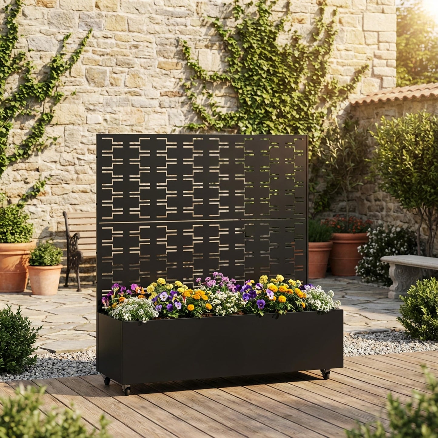 Metal Raised Garden Bed with Trellis and Wheels, 71"x47"x16" Planter Box with Privacy Screen & Drainage Holes, Arched Outdoor Garden Bed for Climbing Plants, Vegetables, Flowers (Black-Square)