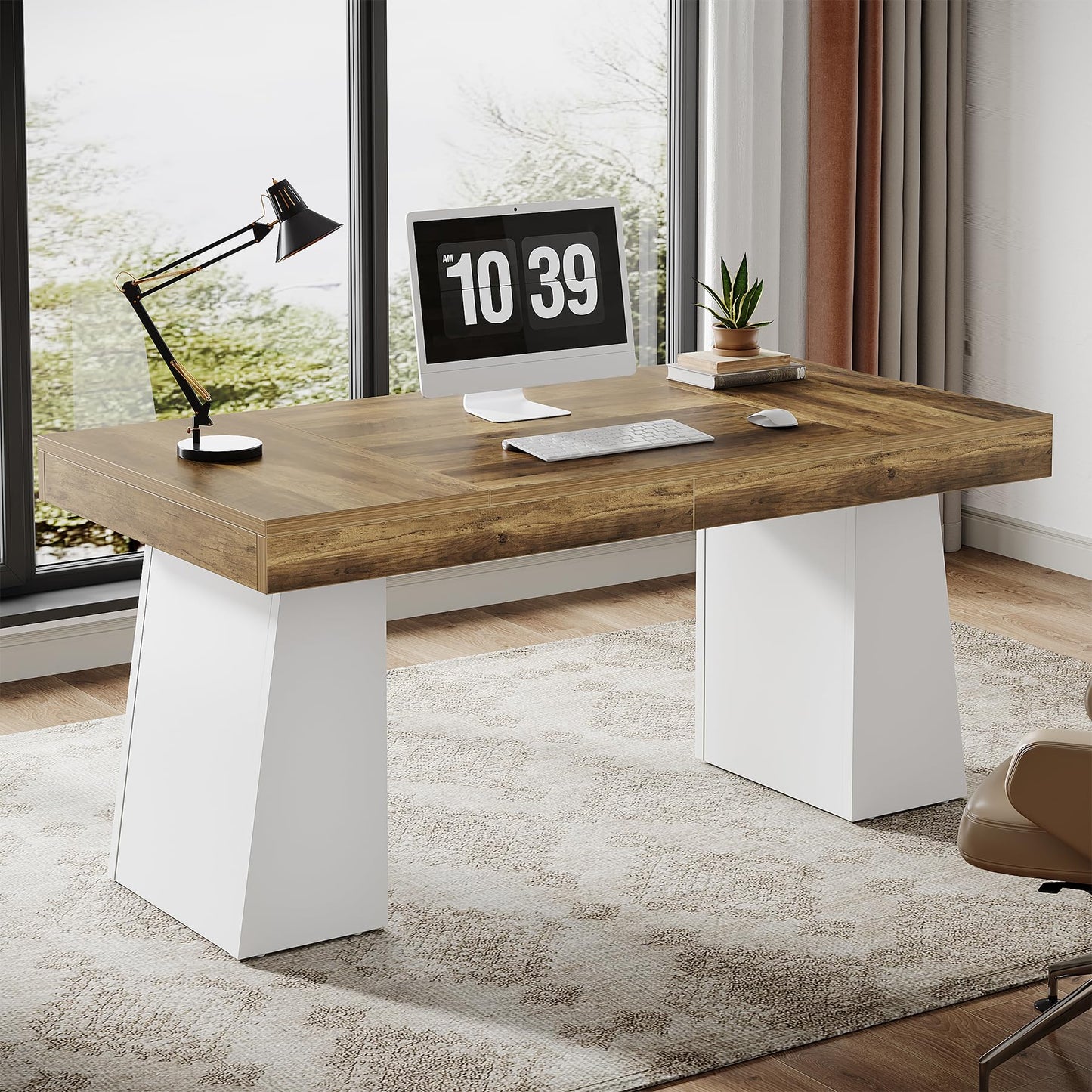 Tribesigns 55 Inches Executive Desk, Mid-Century Modern Home Office Desk, Wood MDF Computer Table Business Workstation Small Conference Table, Light Brown