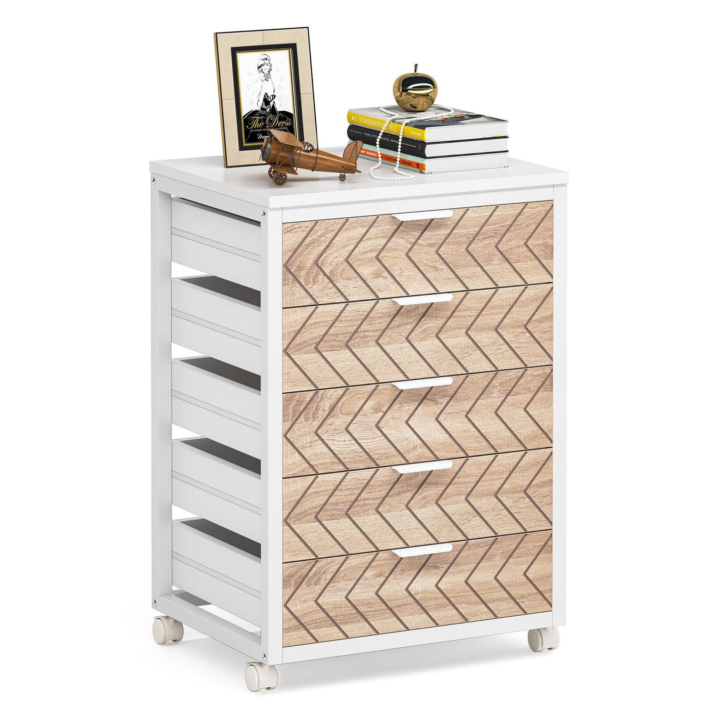 Tribesigns 5 Drawer Chest, Wood Storage Dresser Cabinet with Wheels, Industrial Storage Drawer Organizer Cart for Office Bedroom Entryway (Rustic Brown, 1 PC)