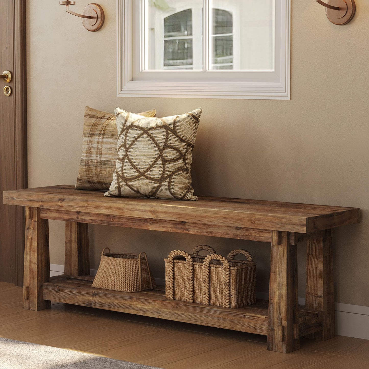 55" Solid Wood Entryway Bench with Shoe Storage, Rustic Wood Grain Shoe Rack Window Bench Seat for Foyer, Hallway, Mudroom, Bedroom, Easy Assembly (Rustic Light Wood)