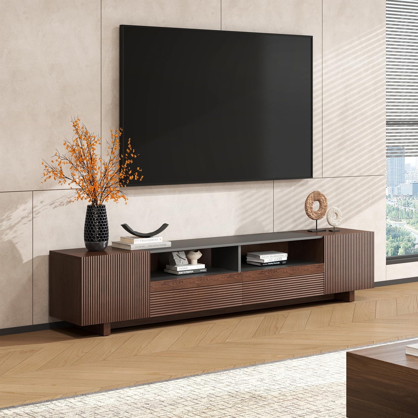 Epecoya 78.8 Inch TV Stand with Storage Cabinets for Living Room, TVs Media Console Entertainment Center with Drawers, Wood Fluted Television Stands with Open Shelves for Bedroom, Dark Brown Walnut