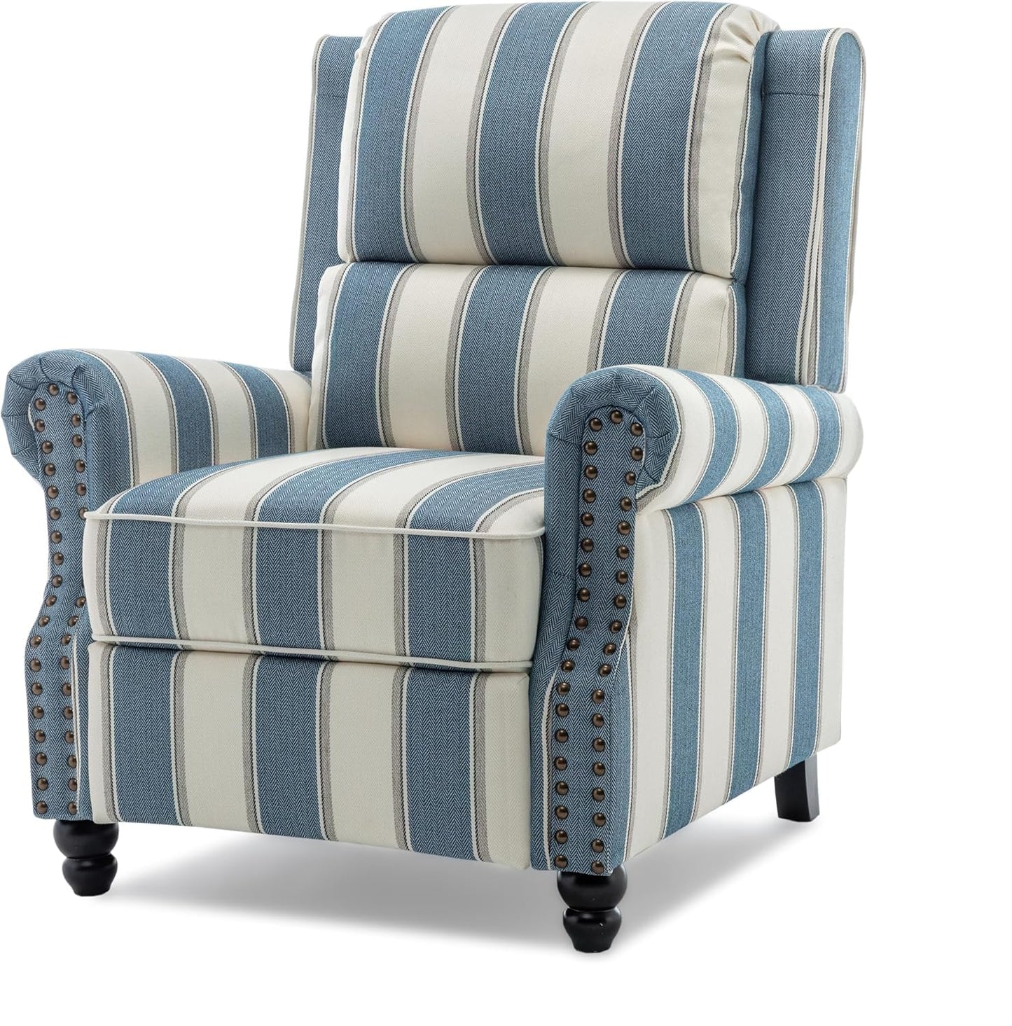 Pushback Recliner Chairs Set of 2, Comfy Fabric Wingback Recliner Chair, Upholstered Armchair Push Back Recliner with Wood Legs, Rivet Trim Accent Chair for Living Room, Bedroom, Blue Stripe