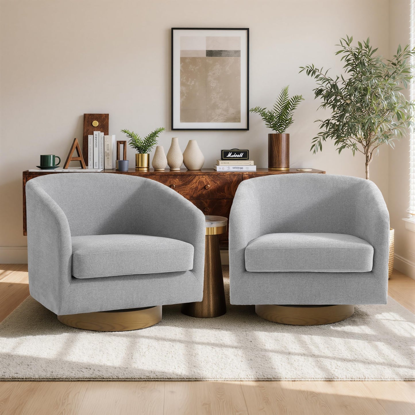 Swivel Barrel Chairs Set of 2, 31" W Modern Faux Leather Round Swivel Accent Chair for Living Room, 360° Rotation Upholstered Armchair Club Chair for Bedroom, Reading Room, Office (Brown)