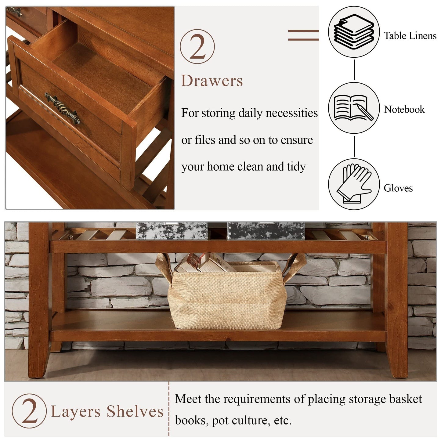 LKTART Solid Wood Console Table Sofa Tables with Drawers and Shelves Small Entryway Table for Living Room,Behind the Couch Table,Foyer(42" Espresso)