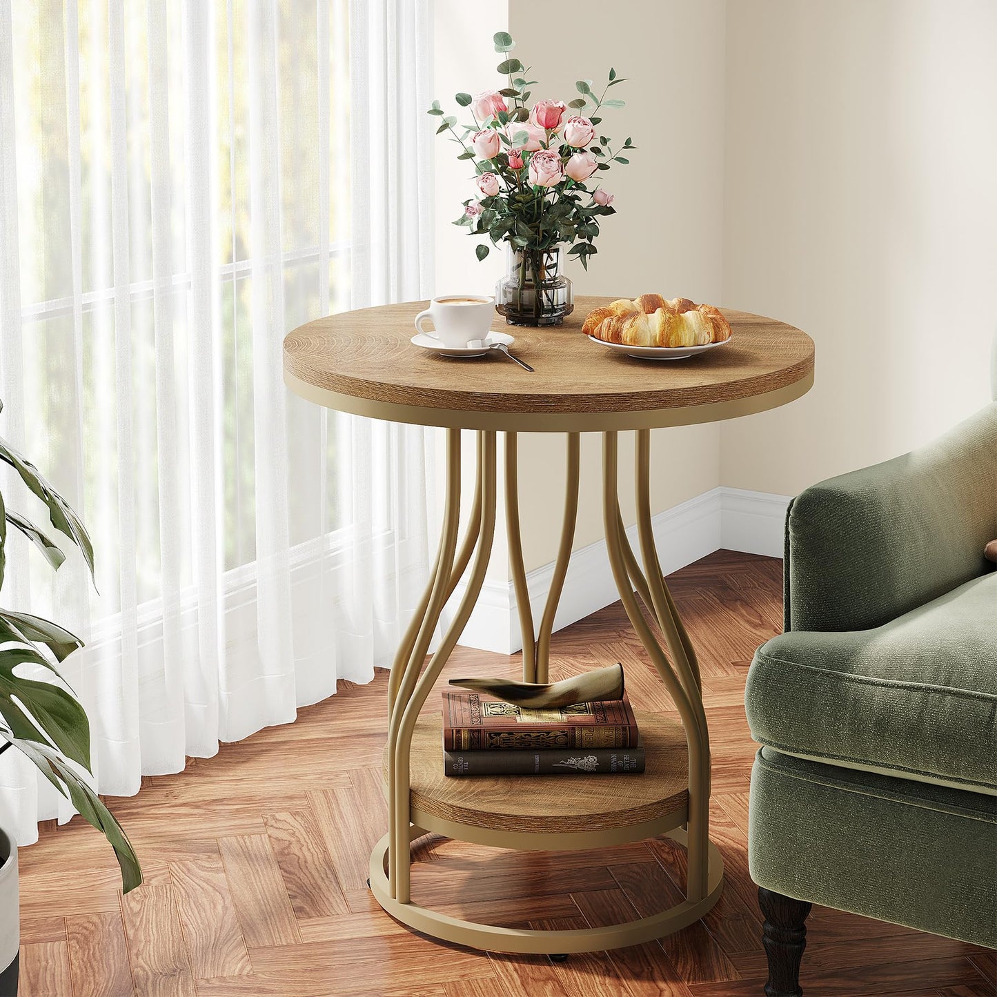 Tribesigns Round Side End Table 2-Tier End Tables Modern Bedside Table Small Chairside Tables with Storage for Couch Side, Nightstand with Metal Frame for Living Room (1, White+Gold)