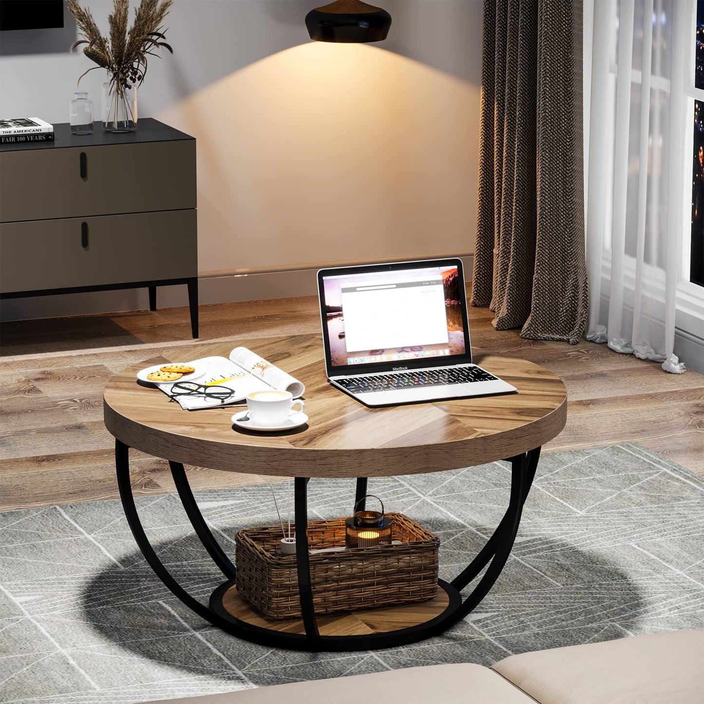 Tribesigns Round Coffee Table, 31.7" Wooden 2-Tier Circle Coffee Table with Storage Shelves, Modern Accent Cocktail Table Center Table for Living Room, Grey