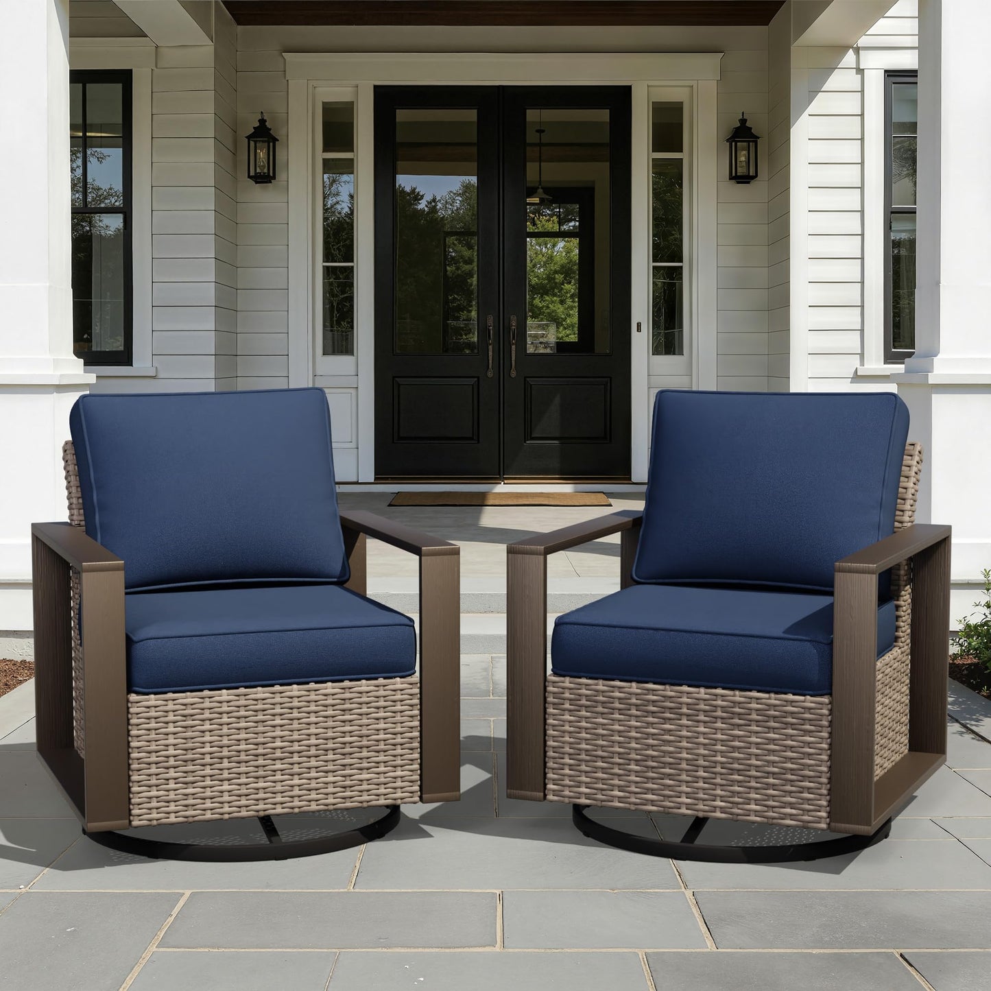 Joyside Outdoor Patio Swivel Rocker Chairs, 3 Pieces Wicker Furniture Set, 2 Swivel Rocking Chairs and 1 Table, Metal Wide Armrest, Thick Cushions and Deep Seating for Garden, Backyard, Porch, Deck
