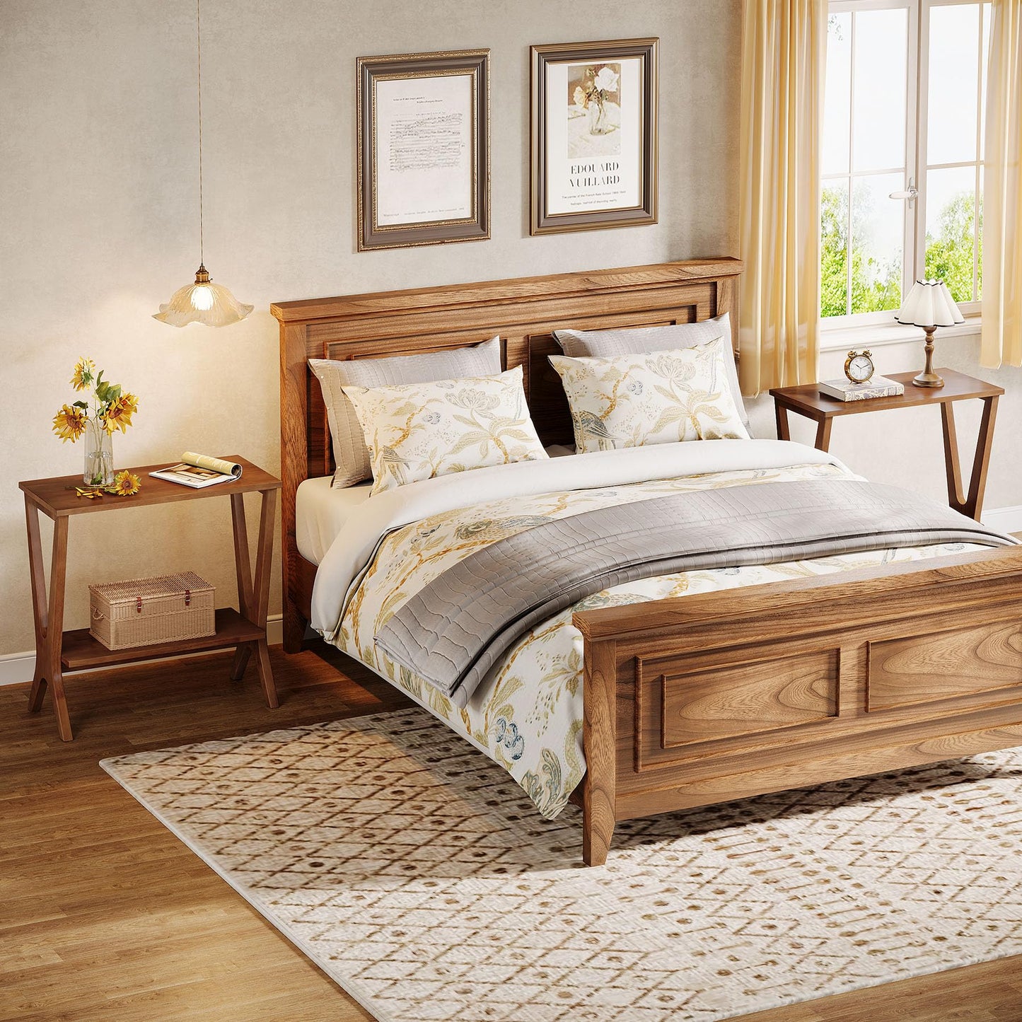 Solid Wood End Table for Living Room, 2-Tier Storage Shelves Sofa Couch Side Table with Sturdy Legs, Wooden Narrow Retro Nightstand for Small Spaces, Bedroom, Apartment