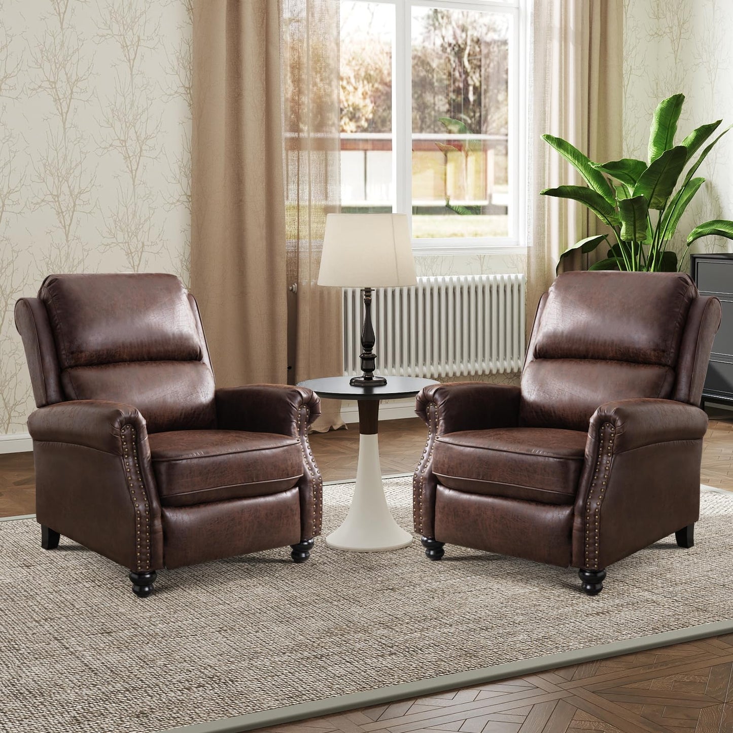 IOMOR Push Back Recliner Chair Faux Leather Lounge Armchair with Rivet Decoration Wingback Single Sofa Chair with Padded Seat Solid Wood Legs for Living Room, Comfy Upholstered, Red Brown