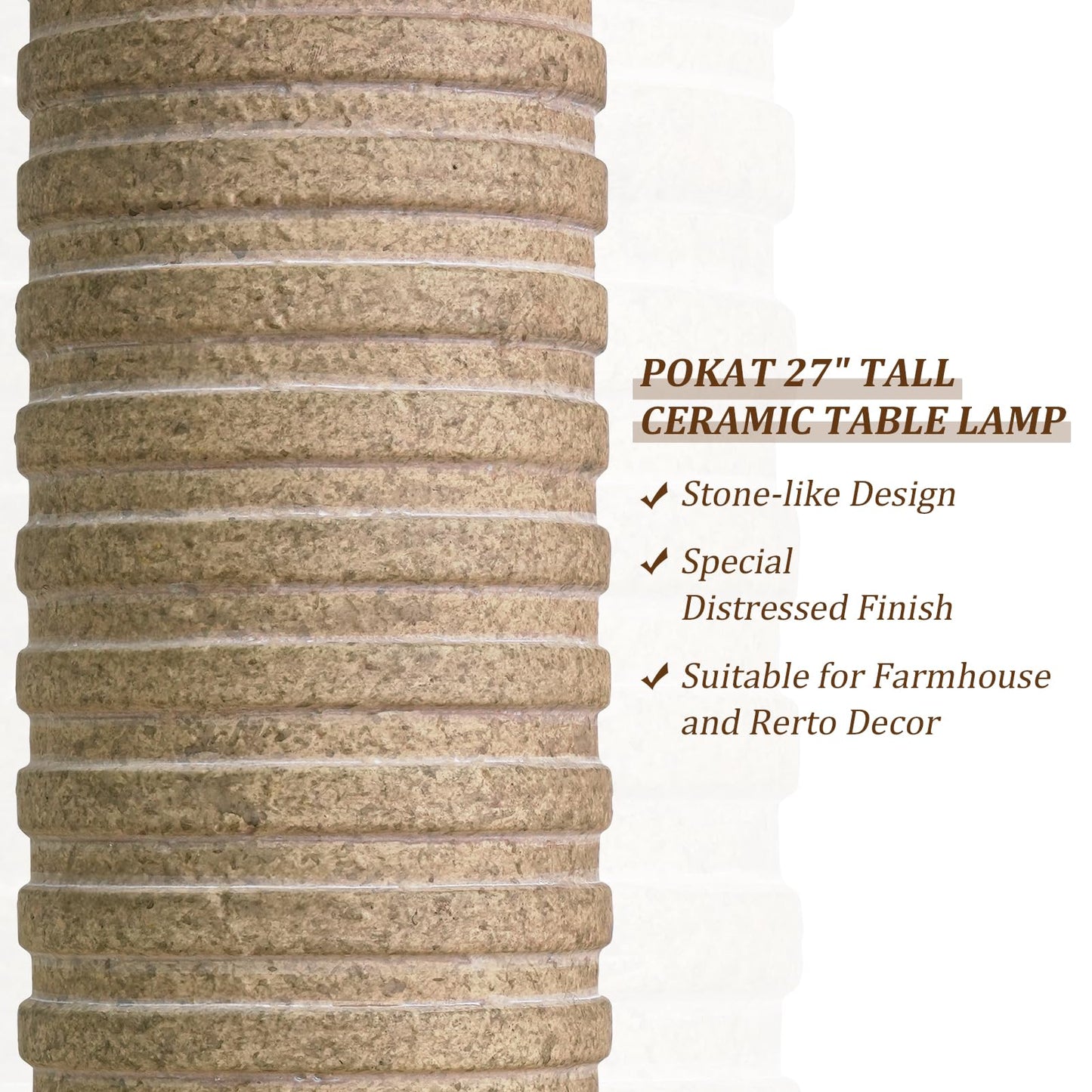PoKat 27'' Farmhouse Table Lamps Set of 2 for Living Room, Stone-Like Bedside Lamp for Bedroom, Boho Ceramic Tall Lamps for Nightstand Office Sideboard Entryway Distressed (Antique Beige)