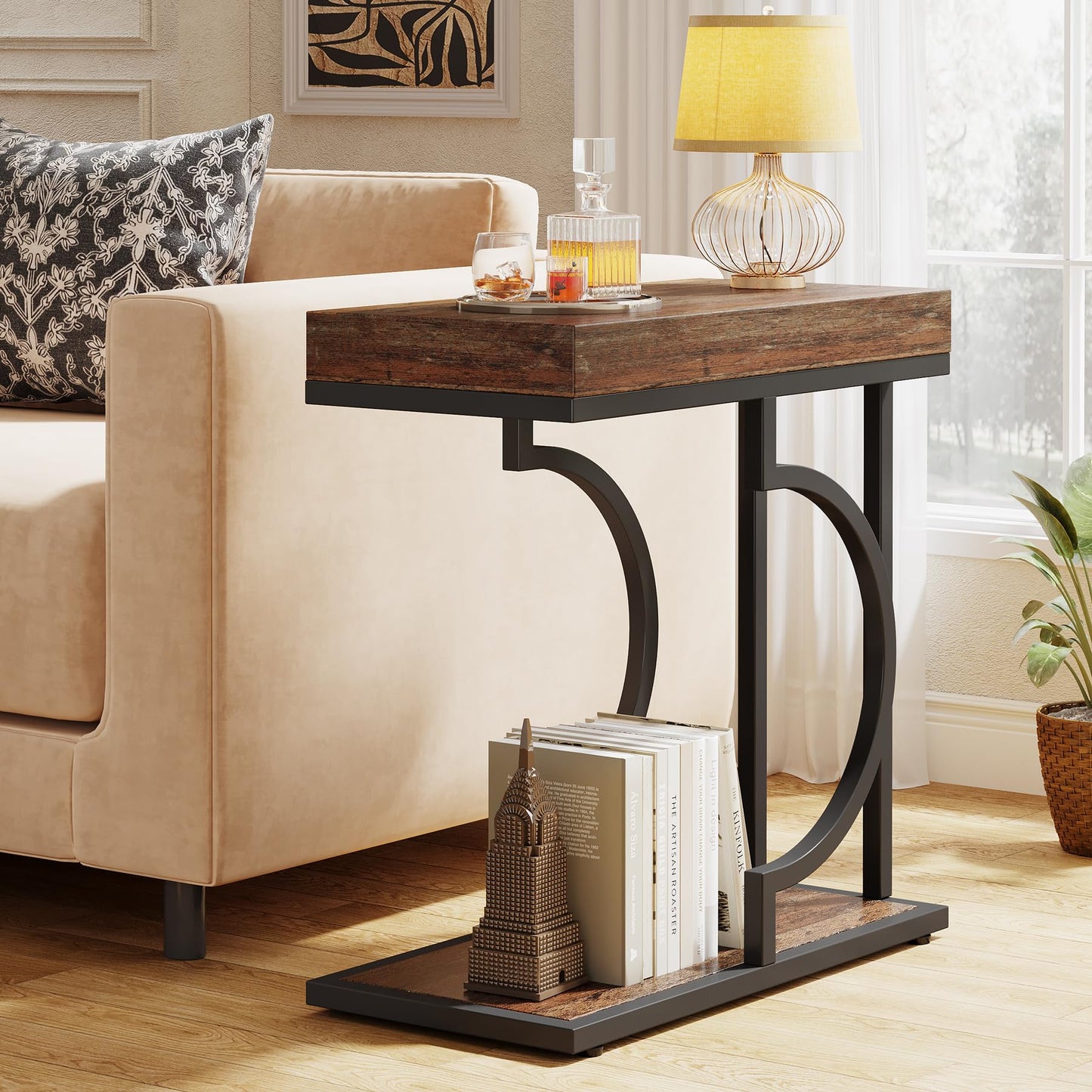 Tribesigns Narrow Side Table for Couch, C Shaped End Table with Metal Frame, Modern Bedside Tables, Small Sofa Tables for Small Spaces, Living Room (1, Brown+Black)