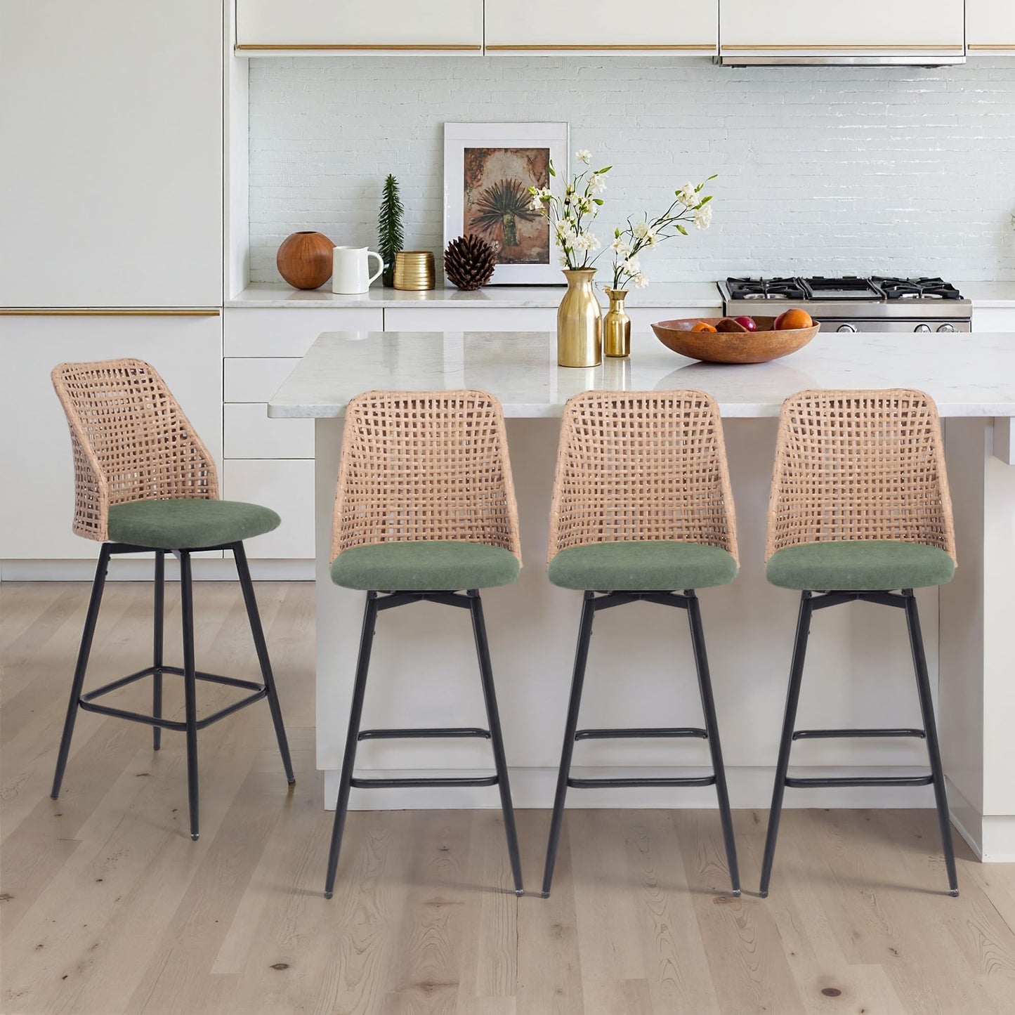 28.7" Swivel Bar Stools Set of 2, Mid Century Modern Counter Height Barstools with Rattan Backrest, Upholstered Chenille Armless Bar Chair Island Stools for Kitchen Island, Bar, Beige