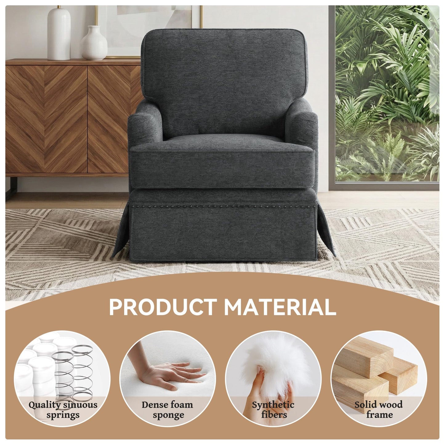 Swivel Accent Chair, 360° Swivel Upholstered Armchairs with Curved Arms, Comfy Chenille Fabric Lounge Reading Chairs for Living Room Bedroom Study, Metal Swivel Base, Tan