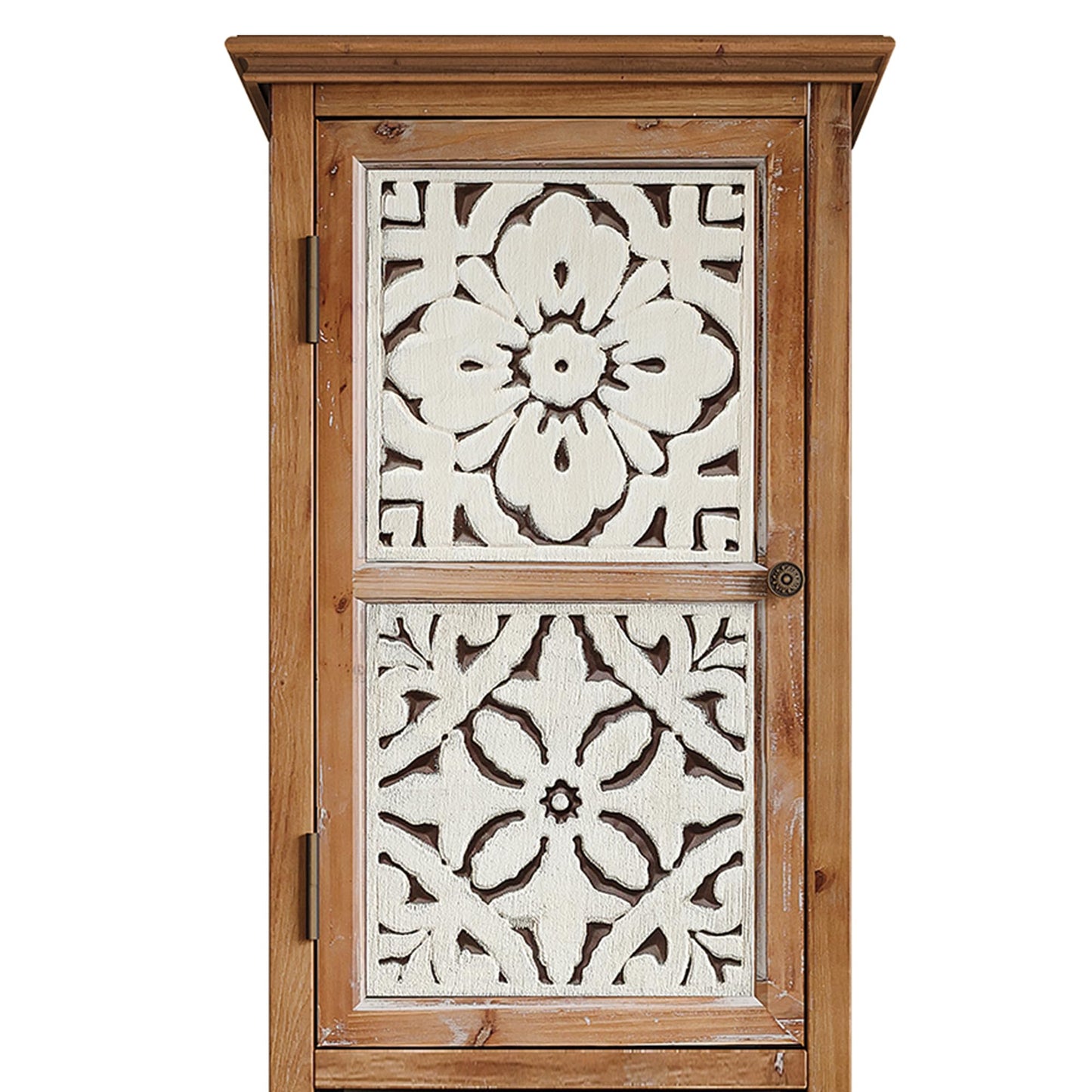 LKTART KTART 55'' Tall Kitchen Pantry Cupboard Storage Cabinet with Shelves & Drawer,French Country Accent Cabinet with Embossed Floral Metal Doors and Solid Wood Frame,Natural Wood