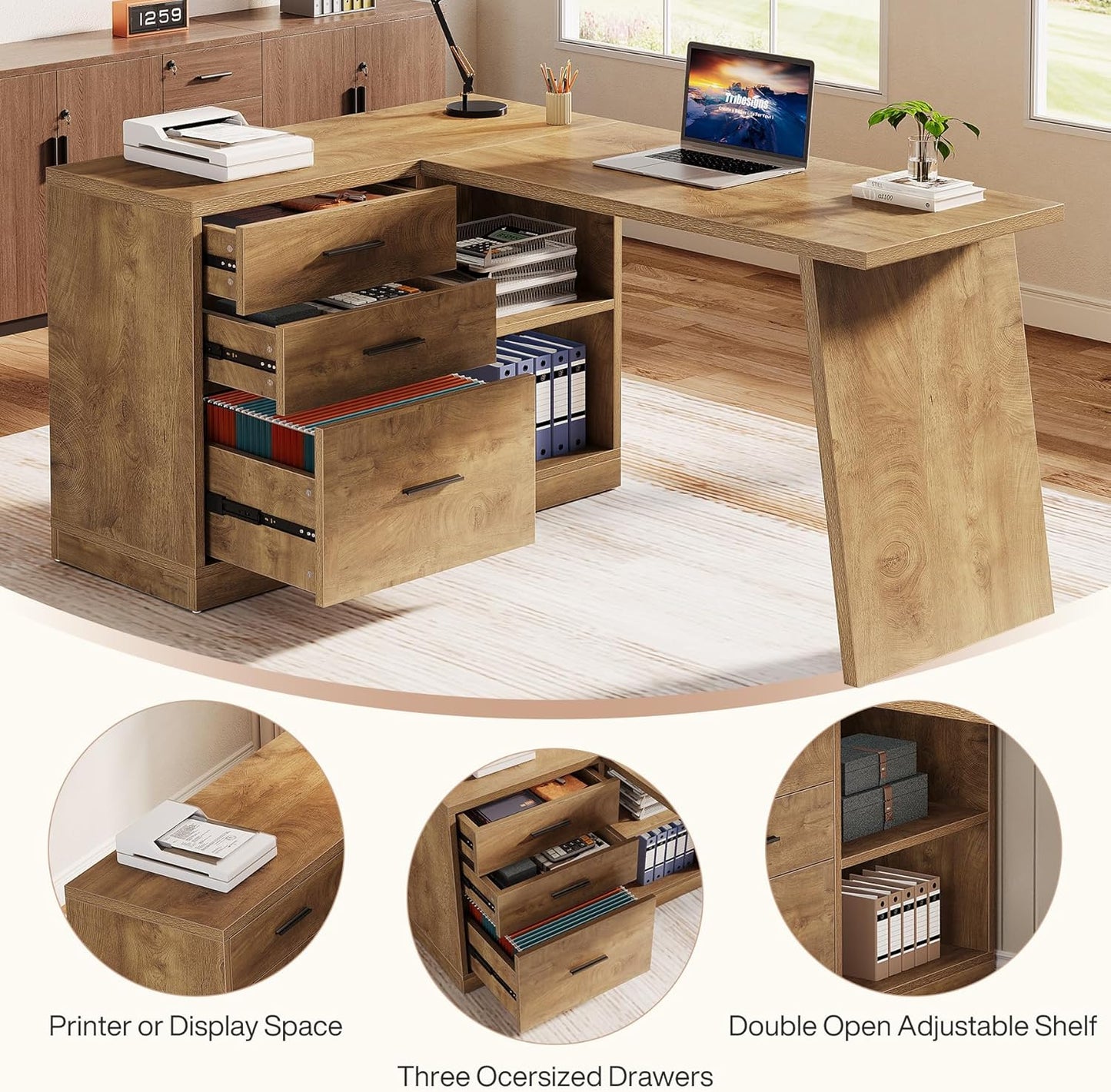 Tribesigns 55-Inch L Shaped Computer Desk with 3 Drawers, Corner Home Office Desk with Storage Shelves, Farmhouse Wood Executive Desk for Work Writing Sturdy, Gaming, Brown