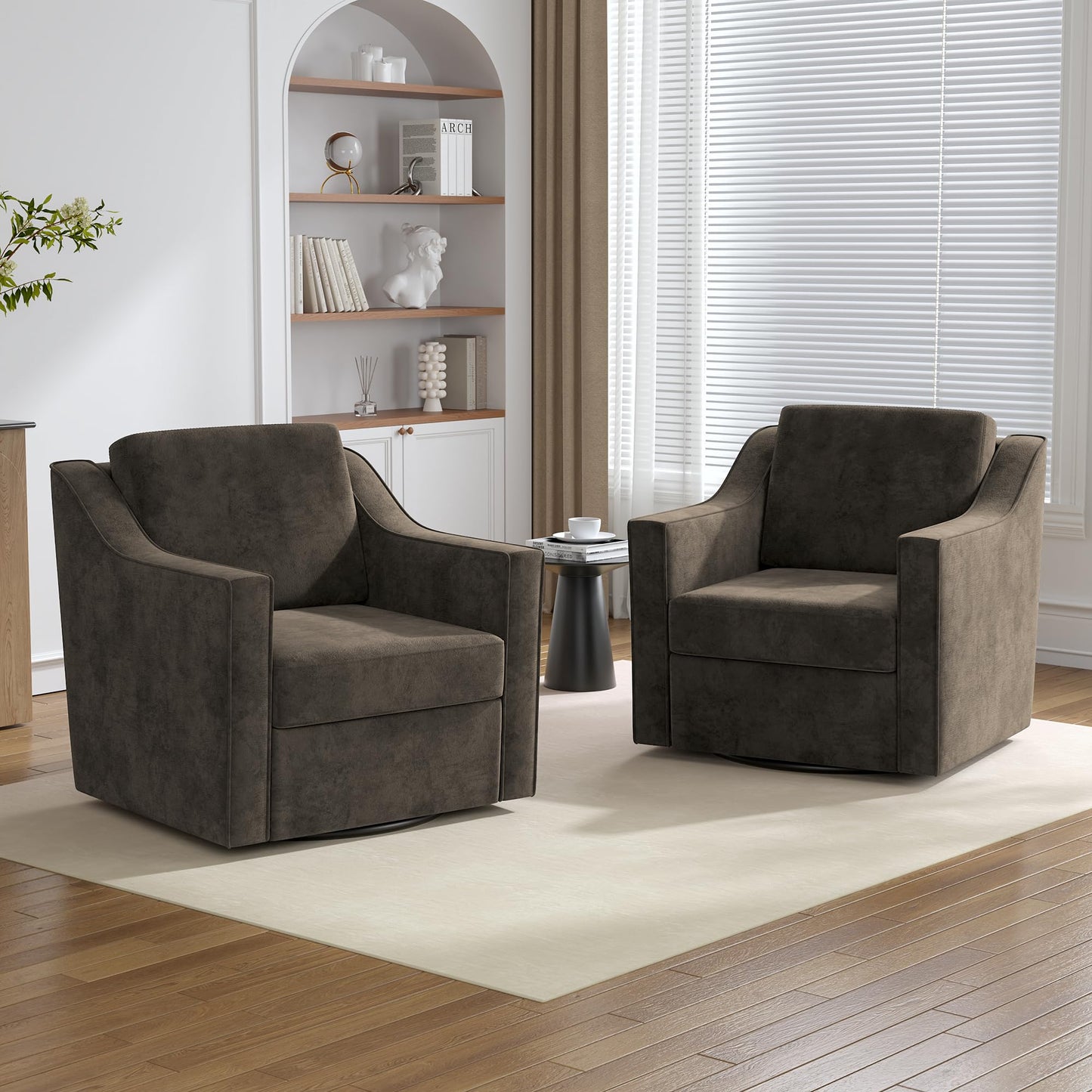 Swivel Accent Chairs Set of 2, 360° Swivel Upholstered Faux Leather Club Armchairs for Living Room, Comfy Single Sofa Reading Chair with Deep Seat, Metal Swivel Base, Coffee