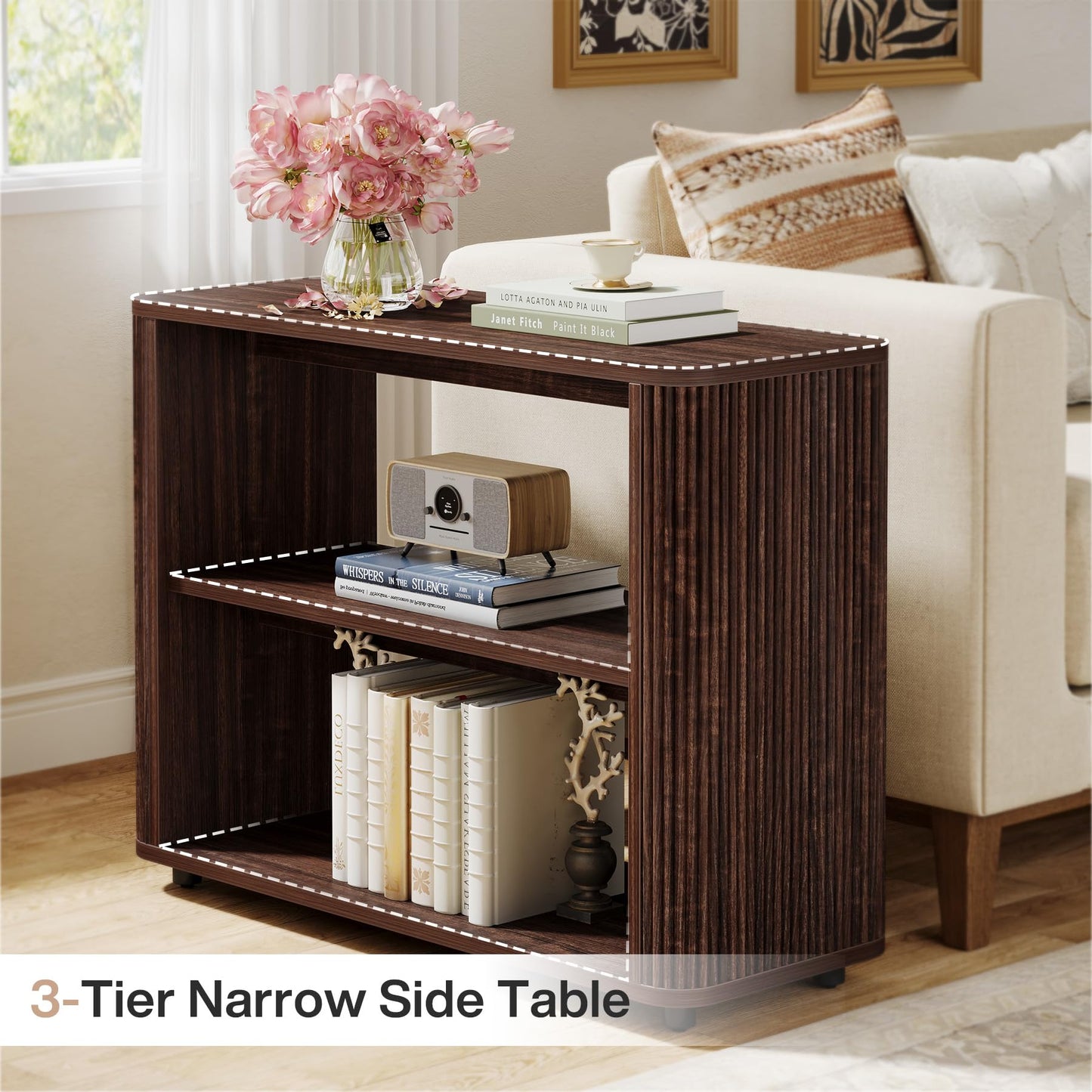 Tribesigns Narrow Side Table, 3-Tier End Table for Living Room, Small Fluted Nightstand with Storage Shelves, Farmhouse Bedside Table for Bedroom, Small Spaces, Sofa Couch, Dark Walnut