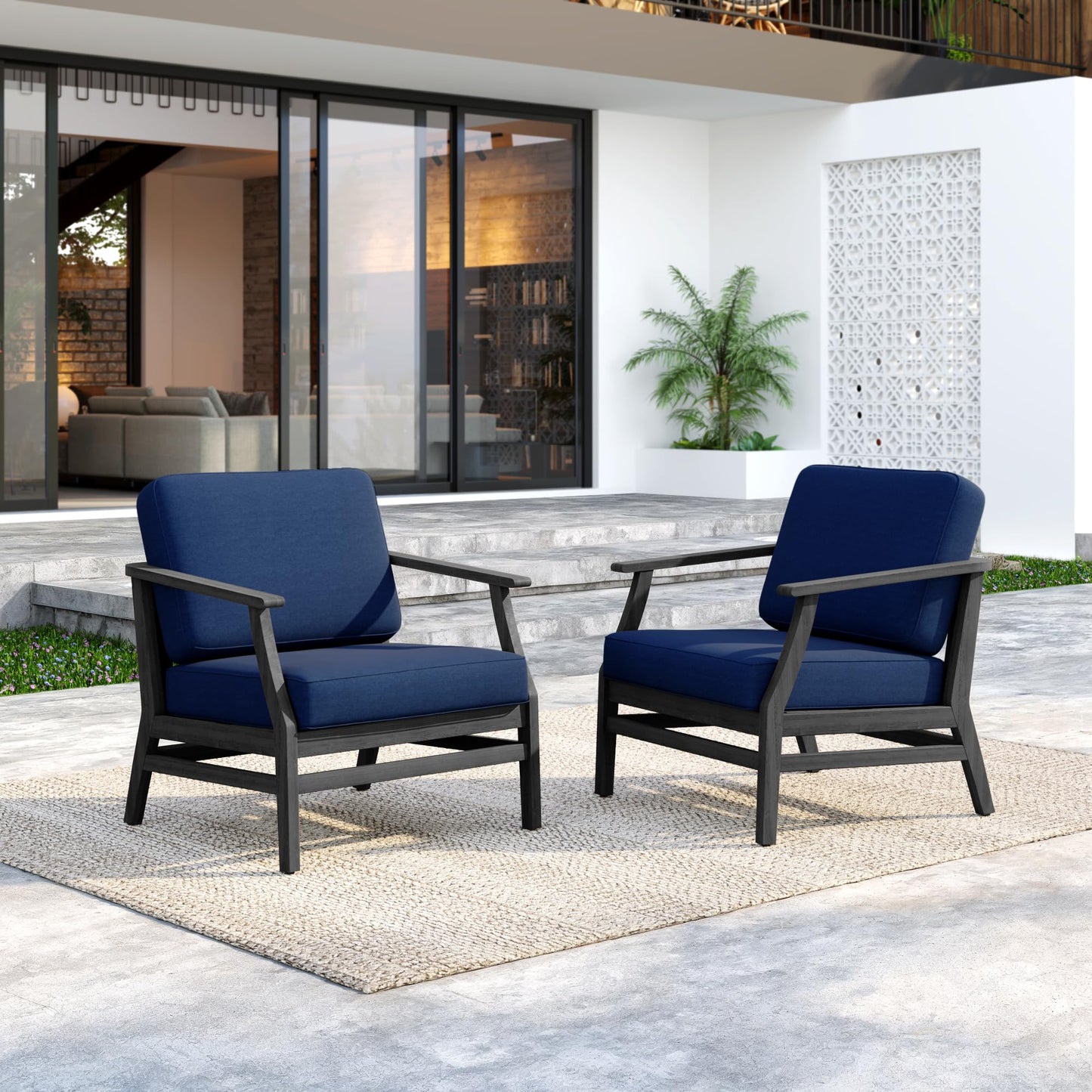 Outdoor Patio Armchairs, 2 Pieces Solid Wood Patio Furniture Sets with Washable Thick Cushions, All-Weather Outdoor Sofa Chairs for Backyard, Garden, Poolside, Natural Frame & Dark Gray Cushion