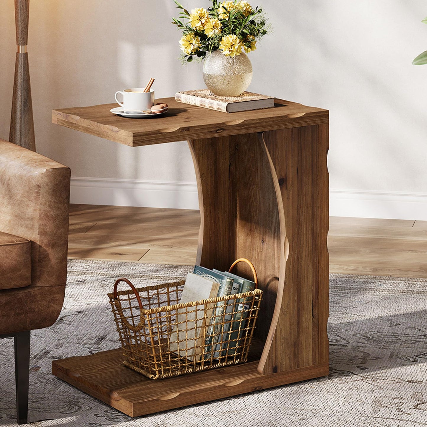 C-Shaped End Table for Living Room, Solid Wood Narrow Skinny Side Table for Couch, Farmhouse Bedside Nightstand with Storage Shelf for Bedroom, Small Place, Easy Assembly, Rustic Brown,1PCS
