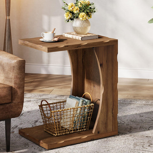 C-Shaped End Table for Living Room, Solid Wood Narrow Skinny Side Table for Couch, Farmhouse Bedside Nightstand with Storage Shelf for Bedroom, Small Place, Easy Assembly, Rustic Brown,1PCS
