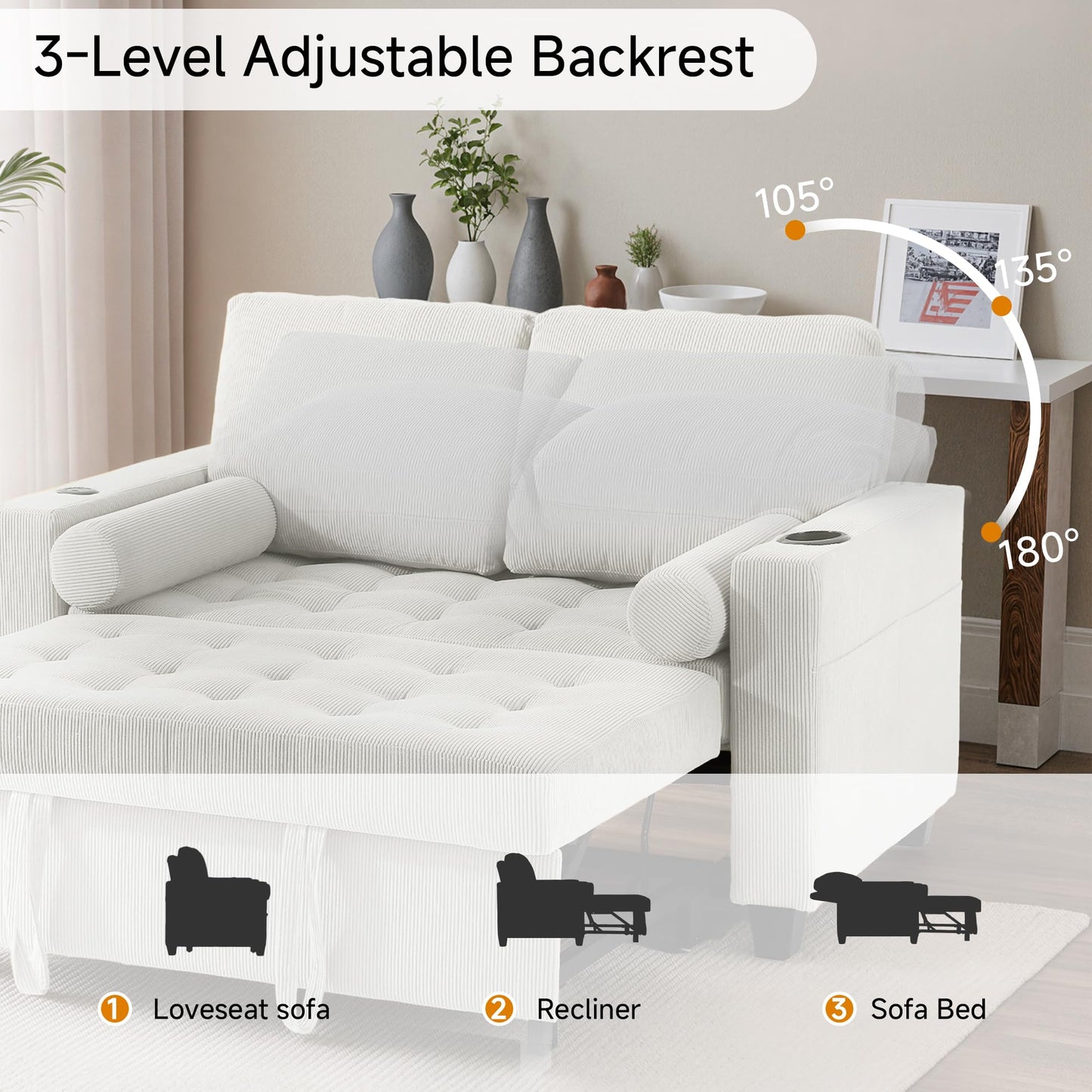 Sleeper Sofa Chair Bed, 3-in-1 Convertible Sleeper Chair with Pull Out Bed, Comfy Corduroy Sofa Bed Couch with Reclining Adjustable Backrest, USB Ports, Cup Holder, Side Pocket (Gray, 38.8")