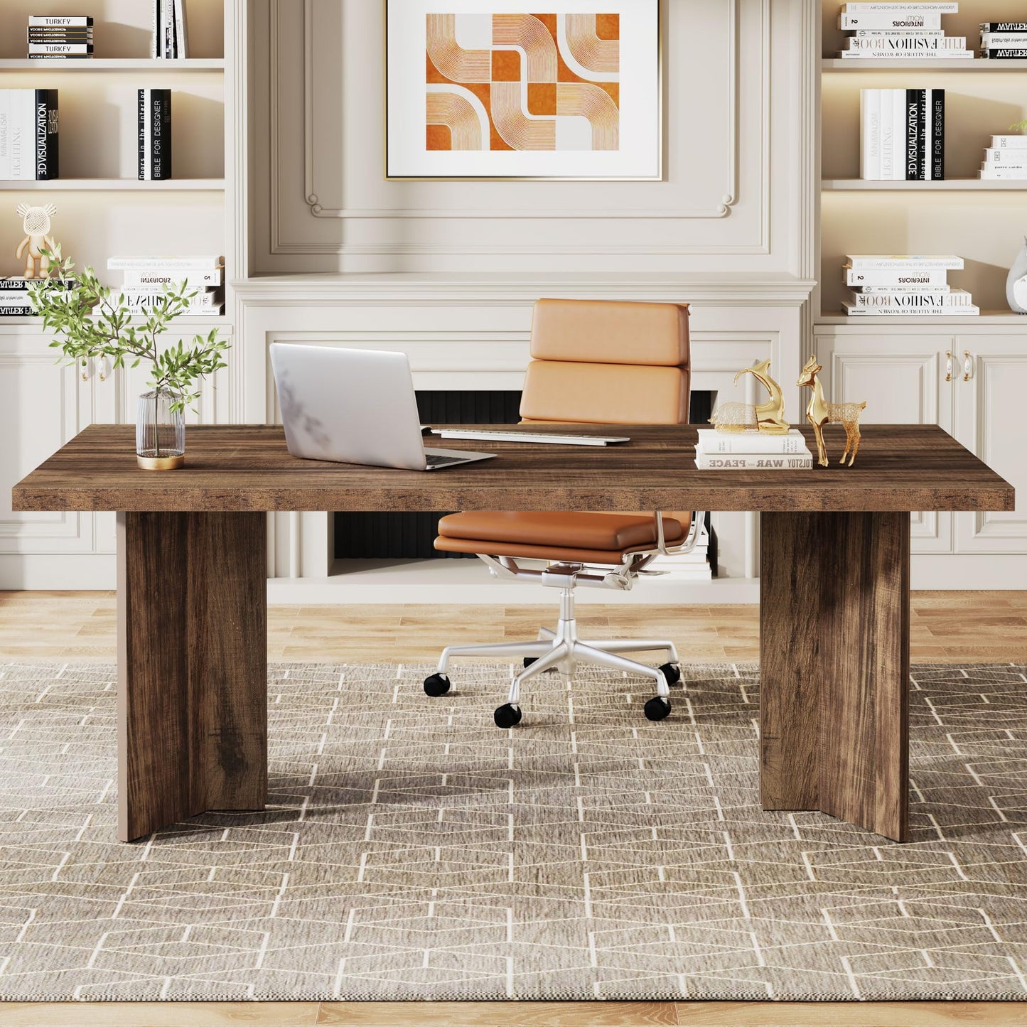 Tribesigns 63-inch Executive Desk, Vintage Home Office Computer Desk with Large Tabletop, Farmhouse Wood Writing Conference Table Workstation for Office, Study, Walnut Brown