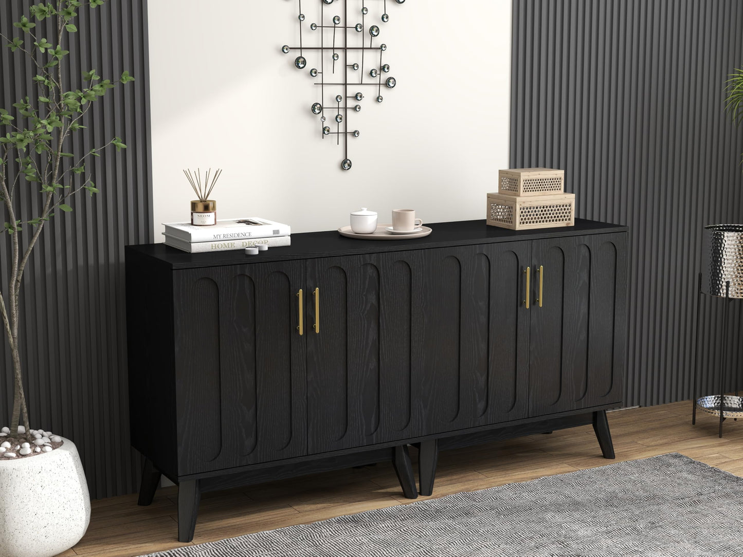 LKTART Mid Century Modern Storage Cabinet with Rattan Sliding Doors and Open Shelves, Boho Style Wooden Sideboard Buffet for Living Room,Dark Walnut