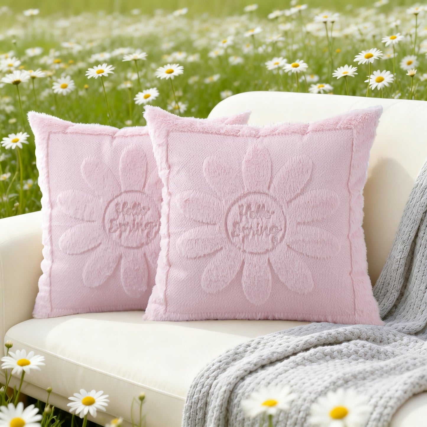 VAKADO Spring Summmer Decorative Throw Pillow Covers 18x18 Set of 2 Pink Couch Daisies Rhomboid Plush Velvet Square Cushion Cases Home Decor Gift for Sofa