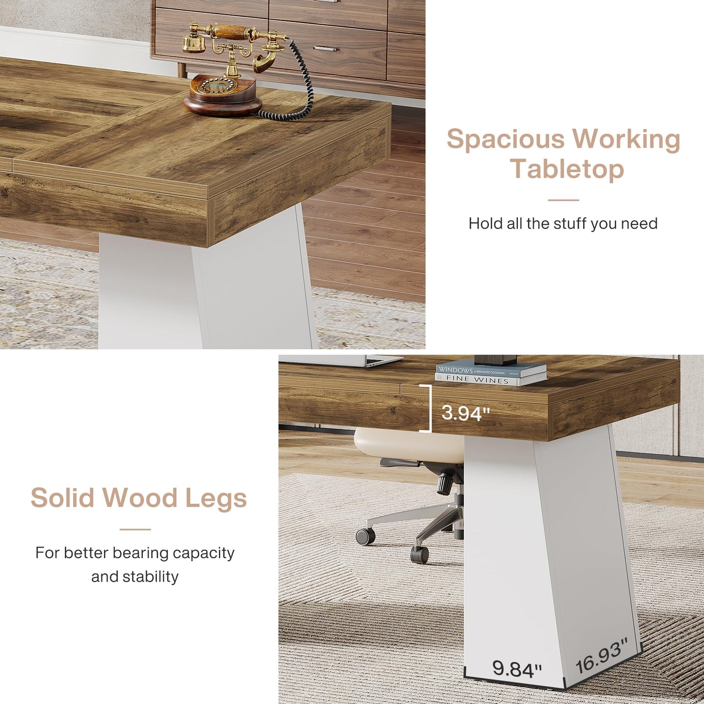 Tribesigns 55 Inches Executive Desk, Mid-Century Modern Home Office Desk, Wood MDF Computer Table Business Workstation Small Conference Table, Light Brown