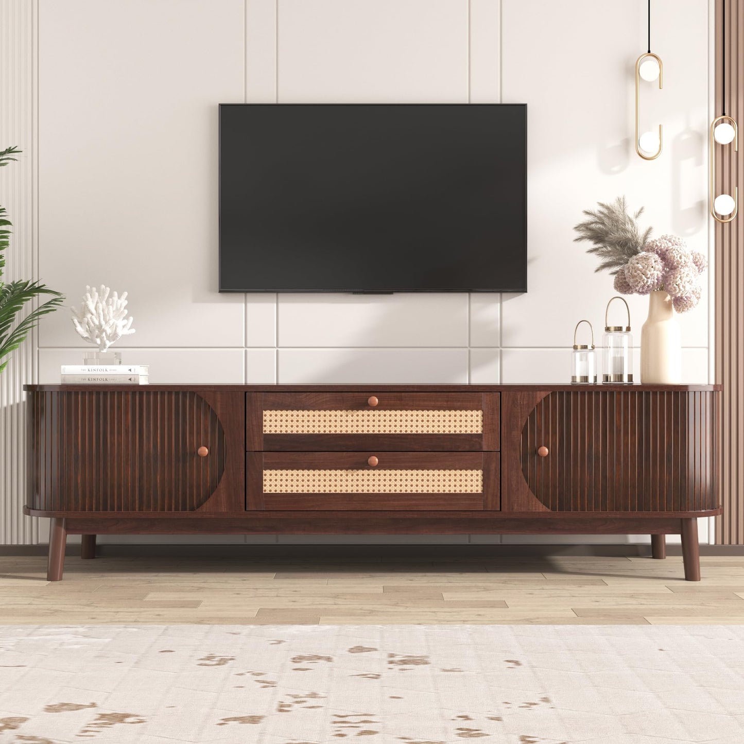 LKTART 67" Mid Century Modern TV Stand for 65/70/75/80" TVs,Entertainment Center with Sliding Doors and Drawers,Media Console for Living Room