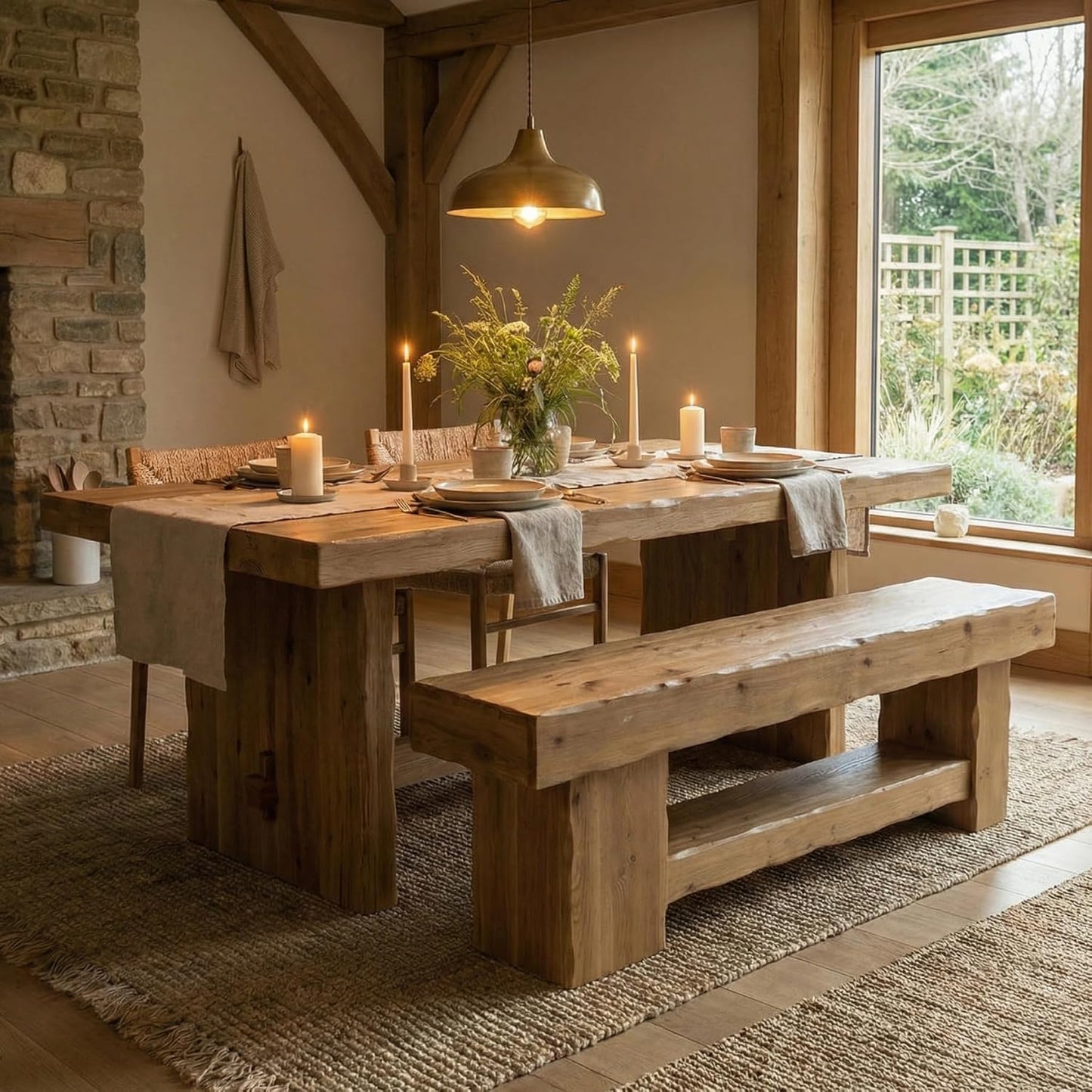 63" Solid Wood Dining Bench, Farmhouse Kitchen Table Bench with Storage Shelf, Kitchen & Living Room Furniture, Easy to Assemble, Sturdy and Stable, Rustic Brown