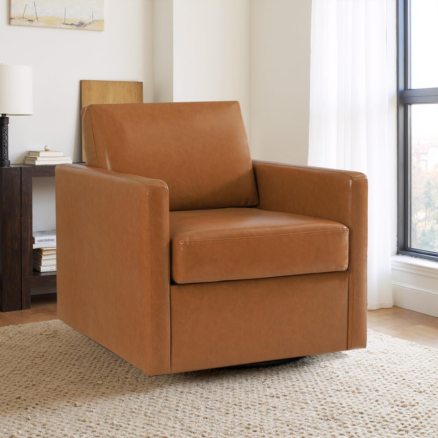 Faux Leather Swivel Accent Chairs Set of 2, 360° Swivel Upholstered Club Armchairs for Living Room, 31" Wide Square Single Sofa Reading Chair with Deep Seat, Metal Swivel Base, Navy