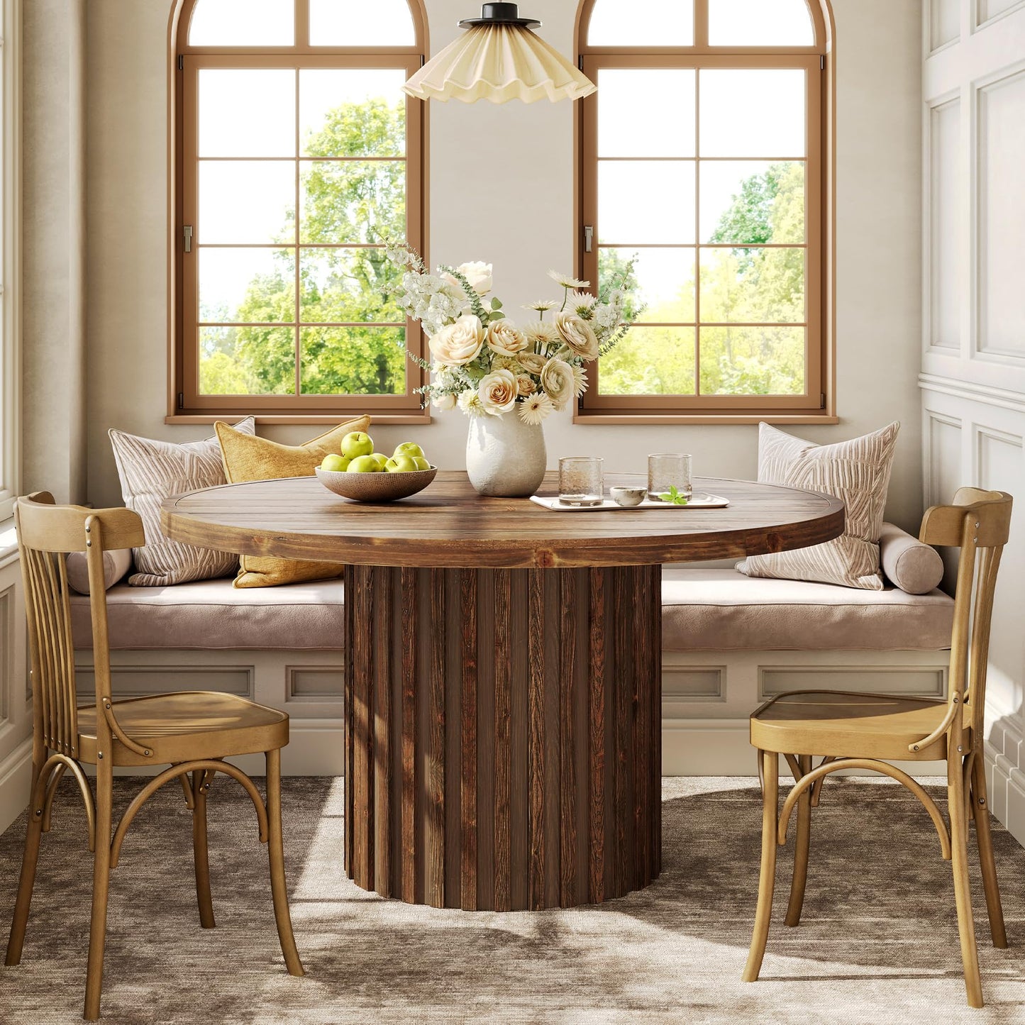 47" Solid Wood Dining Table for 4-6, Farmhouse Round Kitchen Table with Striped Pedestal Base, Circle Wooden Dining Room Furniture for Kitchen Living Room, Wood Tabletop+MDF Pedestal Base
