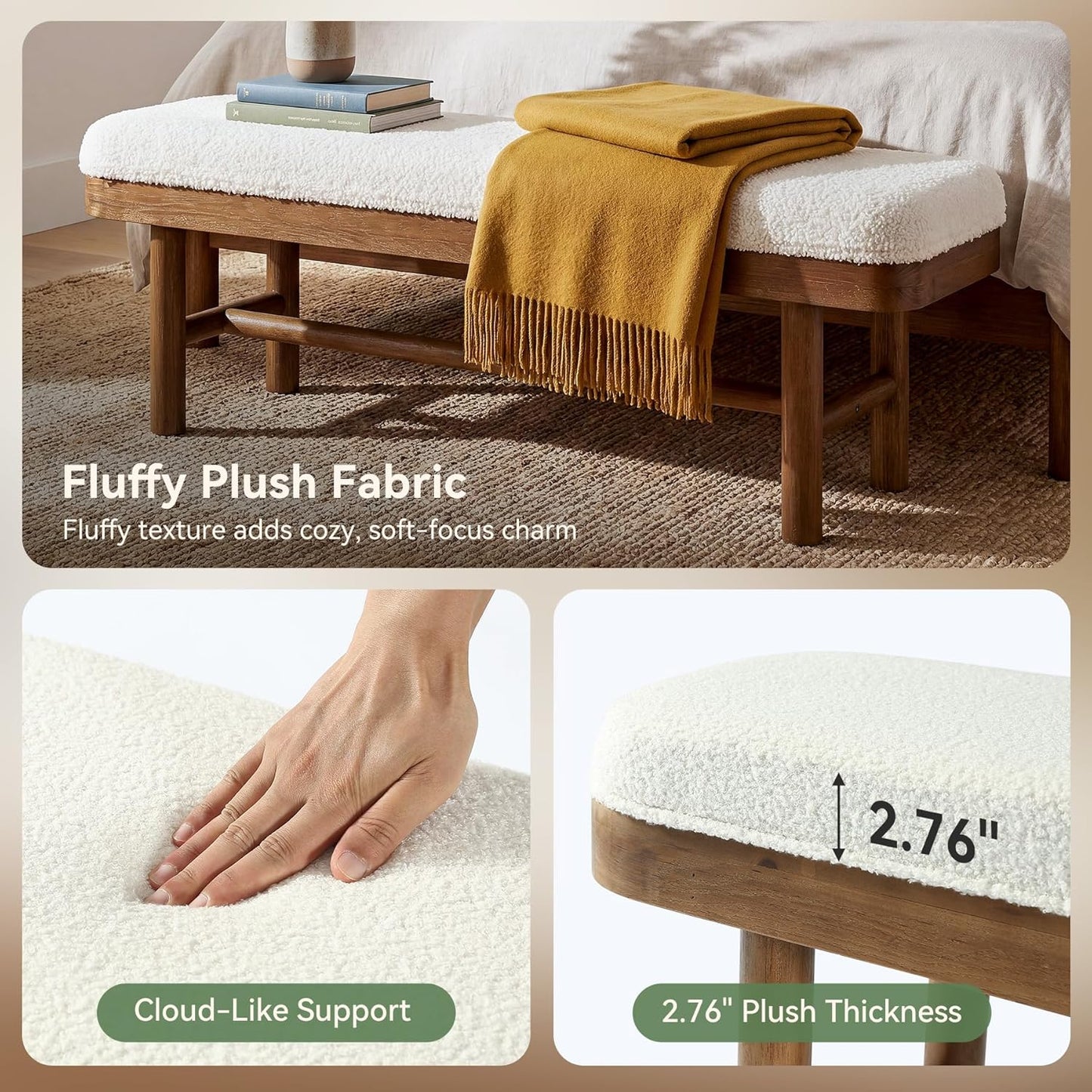 55" Upholstered Bedroom Bench, Solid Wood End of Bed Bench, Modern Indoor Bench with Cushion for Bedroom, Living Room, White & Brown