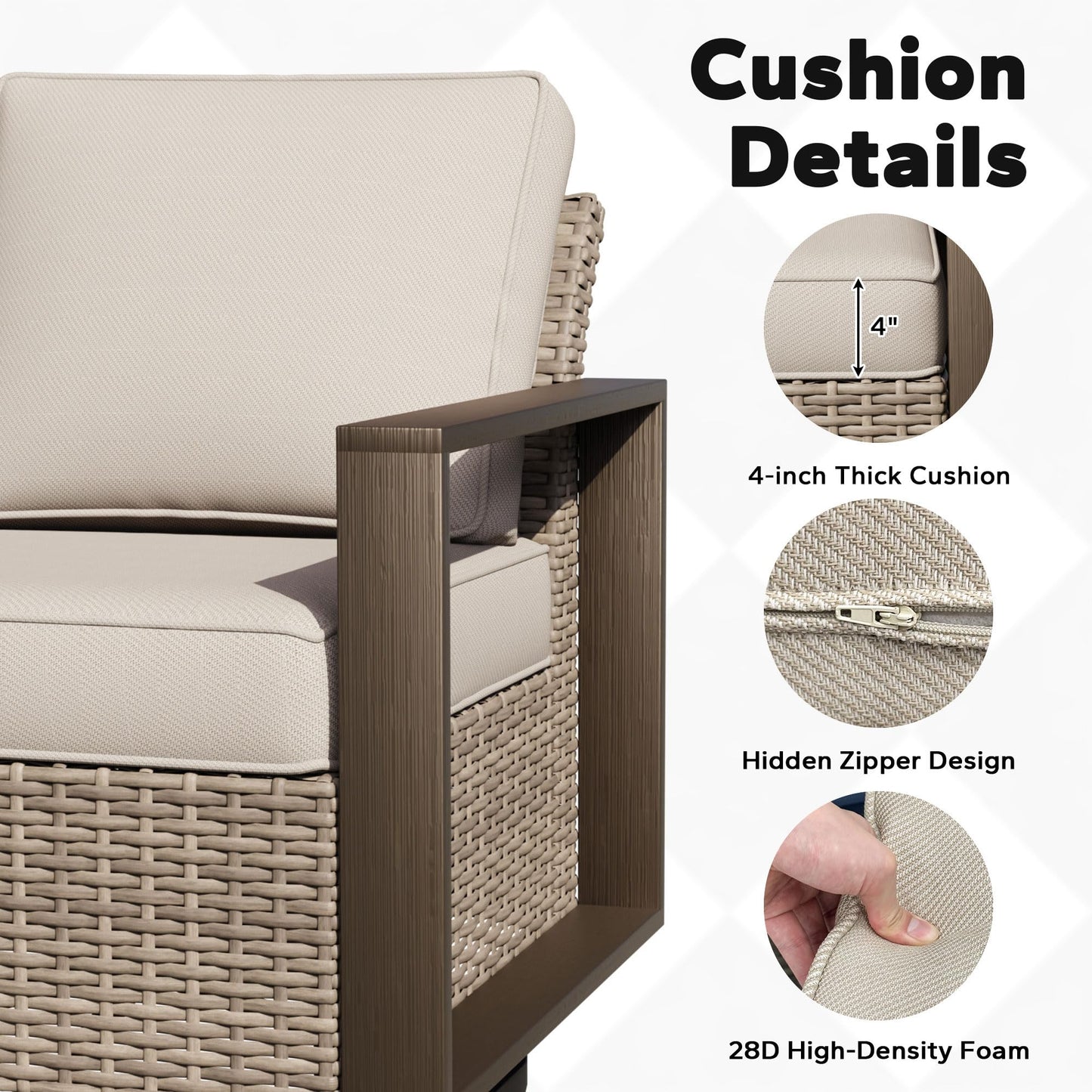 Joyside Outdoor Patio Swivel Rocker Chairs, 3 Pieces Wicker Furniture Set, 2 Swivel Rocking Chairs and 1 Table, Metal Wide Armrest, Thick Cushions and Deep Seating for Garden, Backyard, Porch, Deck