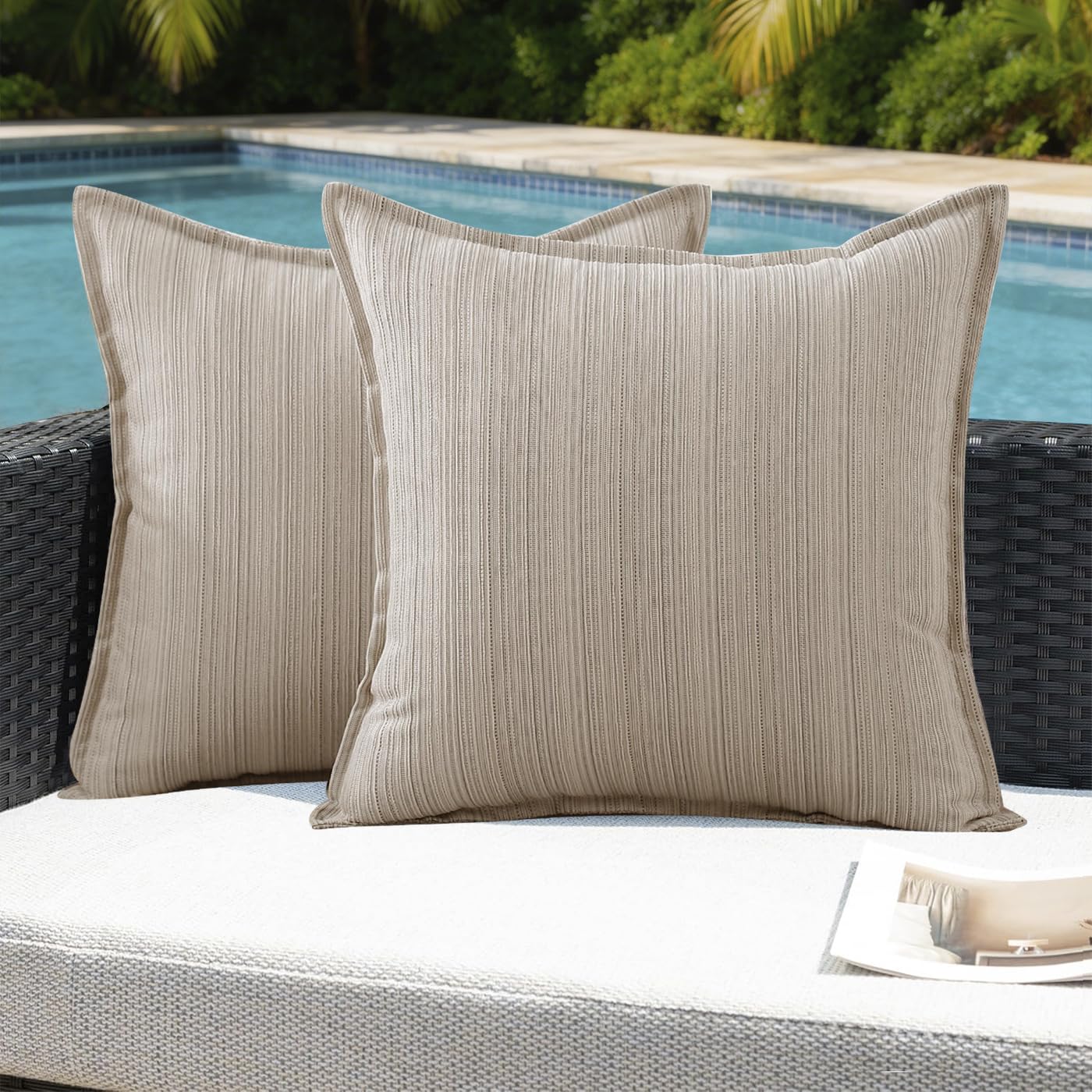 VAKADO Outdoor Waterproof Throw Pillow Covers 18x18 Set of 2,Chenille UV Decorative with Hem Patio Furniture Cushion Cases Decor for Bench Garden Tent Chair Seat Porch Couch,Stripe Beige