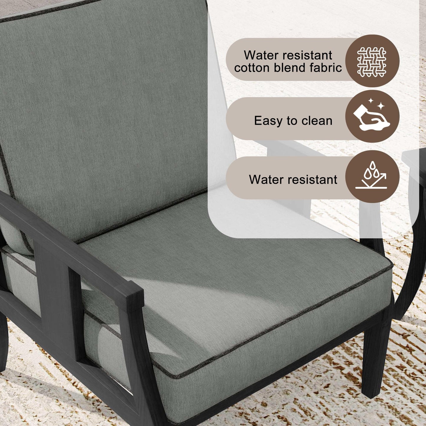 Outdoor Patio Armchairs Set of 2, All-Weather Solid Wood Patio Furniture Sets, Outdoor Sofa Chairs with Washable Thick Cushions for Porch, Balcony, Deck, Black Frame & Gray Cushion