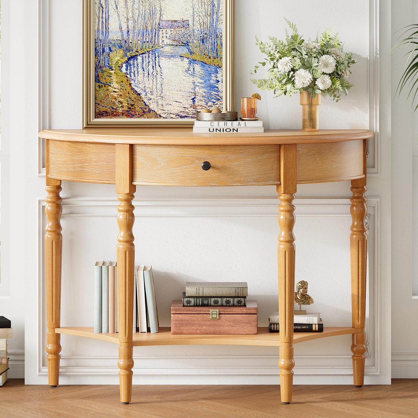 LKTART Small Solid Wood Sofa Table,Console Table with Drawers and Bottom Shelf, Entryway Hallway Foyer Entry Table for Living Room(23.7" Natural)