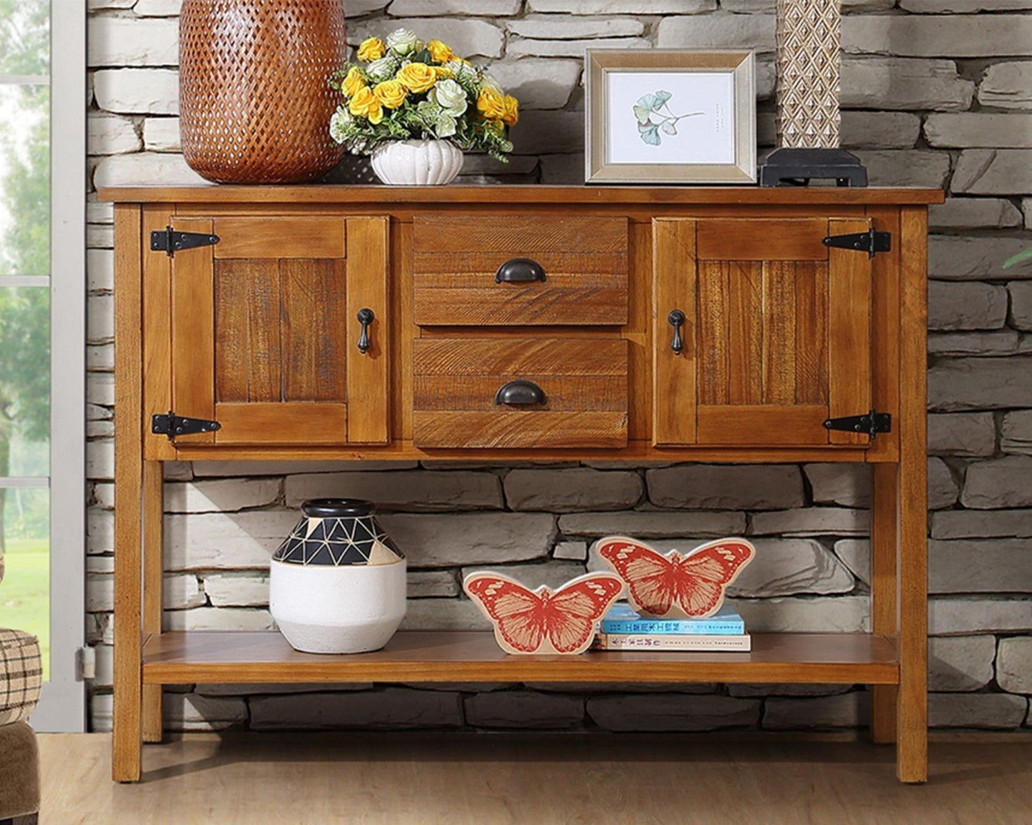 LKTART Farmhouse Sideboard Buffet Cabinet,Solid Wood Sideboard with Storage Drawers and Bottom Shelf,Coffee Bar for Entryway Hallway Foyer,Easy Assembled (46.5" Brown