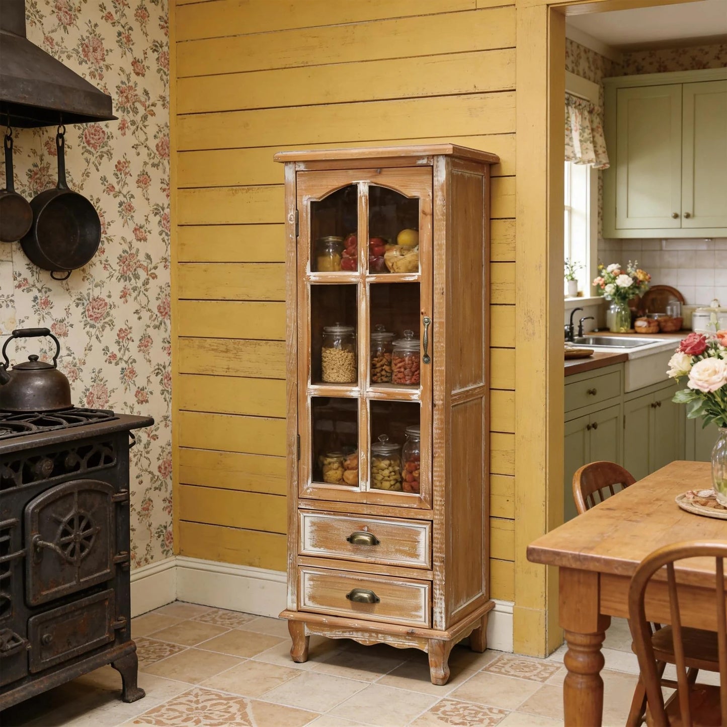 LKTART KTART 55'' Tall Kitchen Pantry Cupboard Storage Cabinet with Shelves & Drawer,French Country Accent Cabinet with Embossed Floral Metal Doors and Solid Wood Frame,Natural Wood