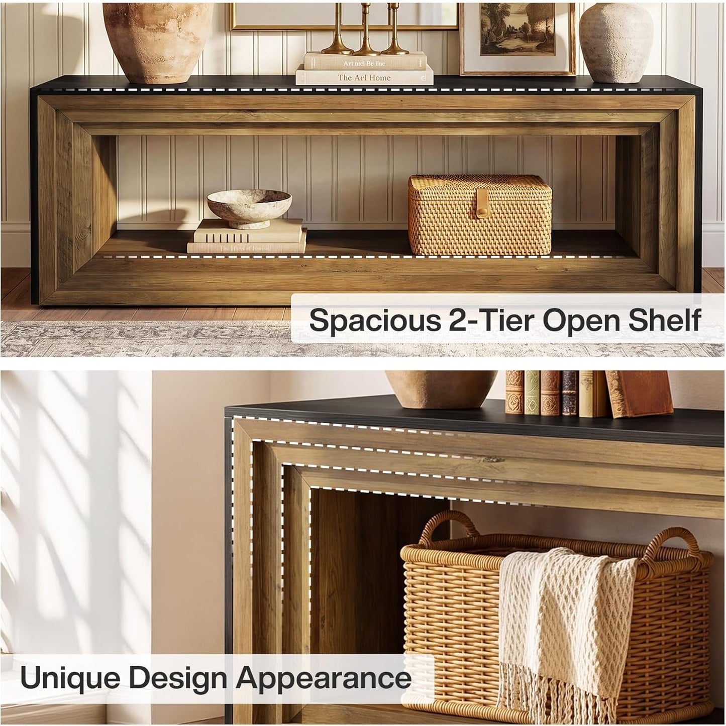 Tribesigns 2-Tier TV Stand for 75 Inch TV, 63" Entertainment Center with Storage Shelf, Farmhouse Media Cabinet, Console Table Behind Sofa, Television Stands for Living Room, Bedroom, Brown & Black