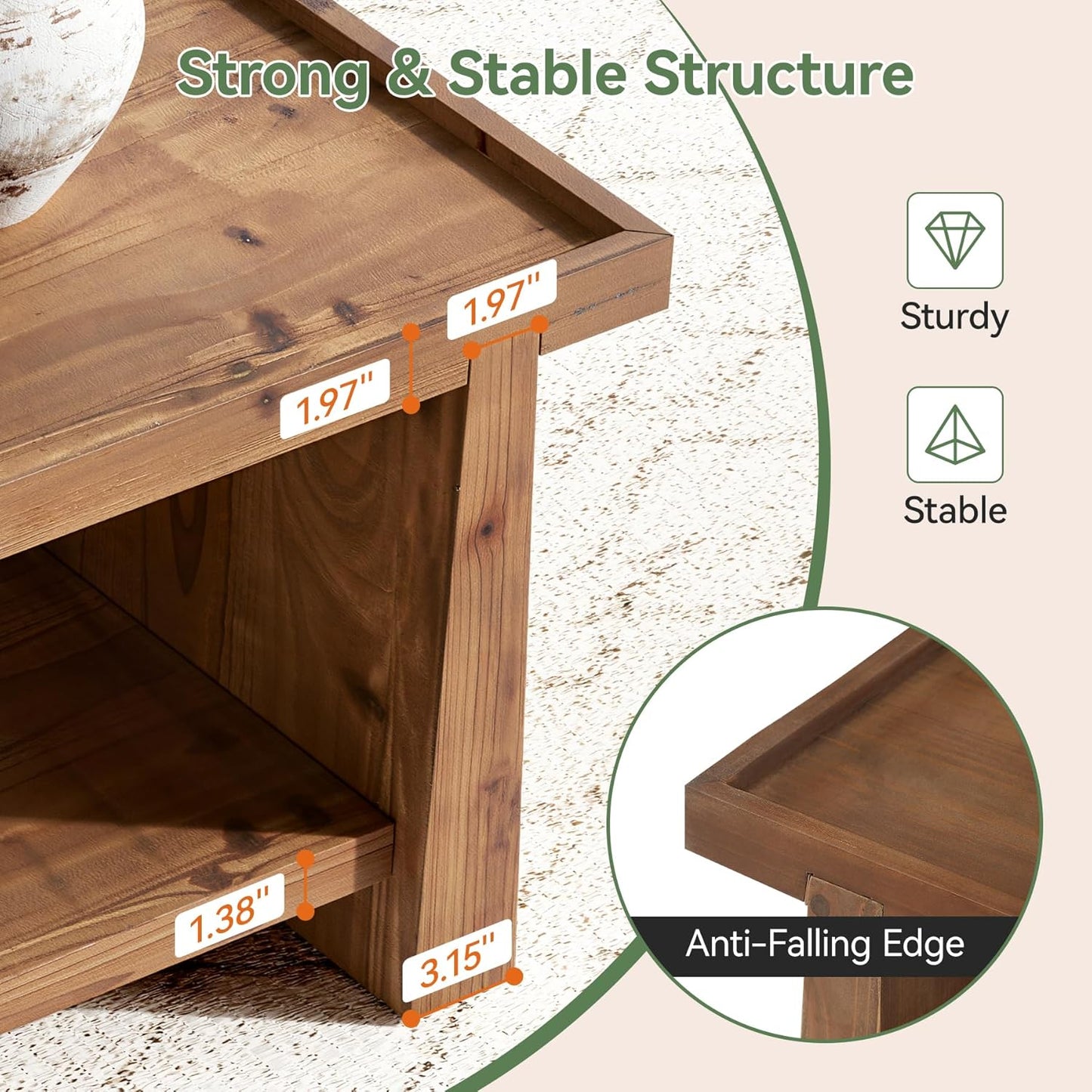 47" Solid Wood Coffee Table with Storage, Farmhouse Rectangular Coffee Table with 2-Tier Shelf & Raised Edge, Living Room Center Table, Rustic Brown