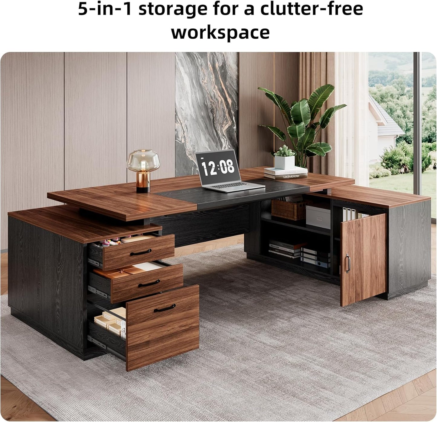 Epecoya L-Shaped Executive Desk with Storage Cabinet and Open Shelf, 78-Inch Home Office Desk with Drawers, Boss Large L-Desk with Power Outlet for Studio, Office, Black Brown