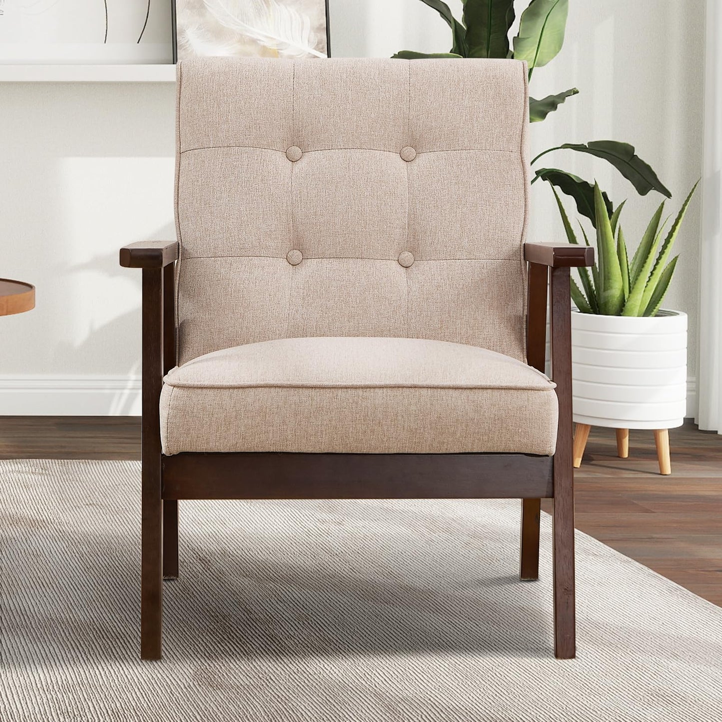 IOMOR Accent Chair Mid Century Modern Chair for Living Room, Comfy Faux Leather Armchair with Solid Wood Frame Soft Thick Padded, Side Chairs Easy Assembly (1, Brown)
