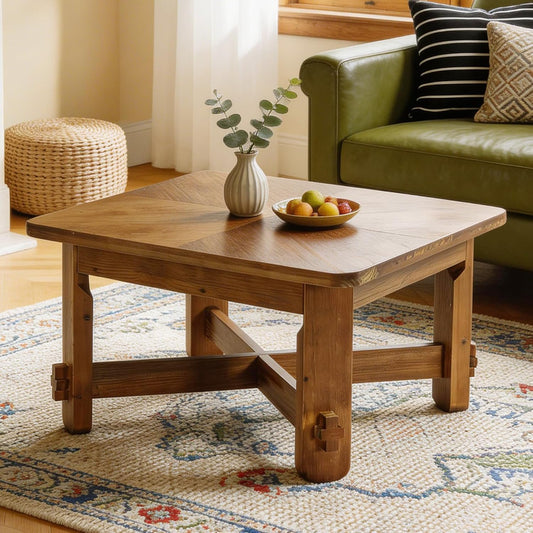 31.5" Square Coffee Table, Solid Wood Accent Center Table with Thick Tabletop and Sturdy Cross-braced Legs, Farmhouse Rustic Tea Cocktail Tables for Living Room, Apartment, Vintage Brown
