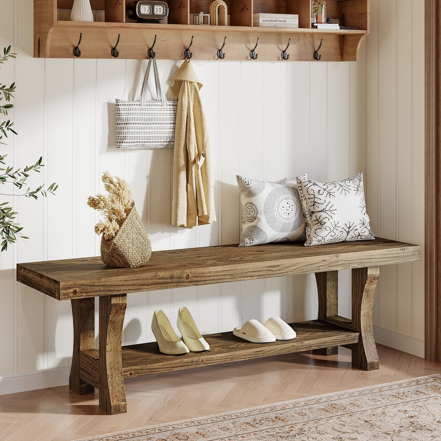 Solid Wood Entryway Bench, 55" End of Bed Bench, Long Indoor Dining Seat for Hallway, Bedroom, Living Room, Dining Room, Easy Assembly, Brown