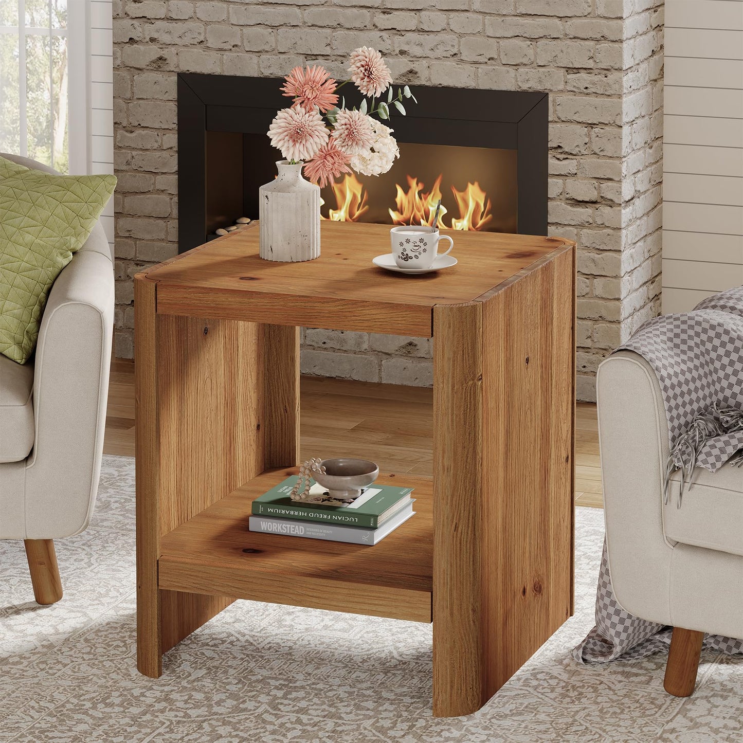 Solid Wood End Table, 2-Tier Small Side Table with Open Storage Shelf, Rustic Nightstand for Living Room, Bedroom, or Small Spaces, Easy Assembly (2, Natural Wood)