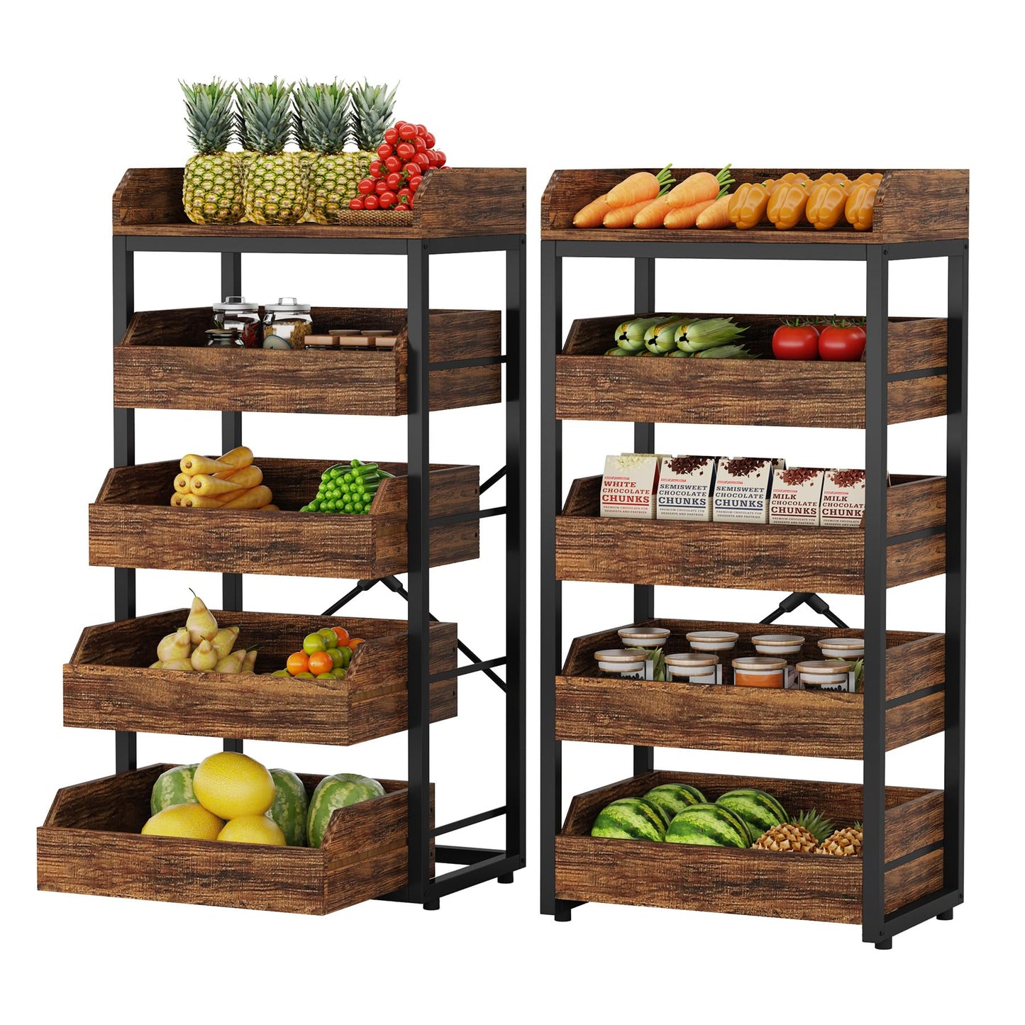 Tribesigns Wood Fruit and Vegetable Storage Rack, 5-Tier Pull-Out Snack Stand Fruit Basket Stand, Utility Shelf Organizer for Kitchen, Living Room, Bedroom, Rustic Brown